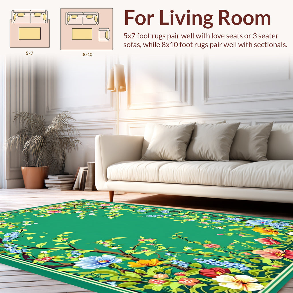 Lush Floral Branches Green Canvas Rug
