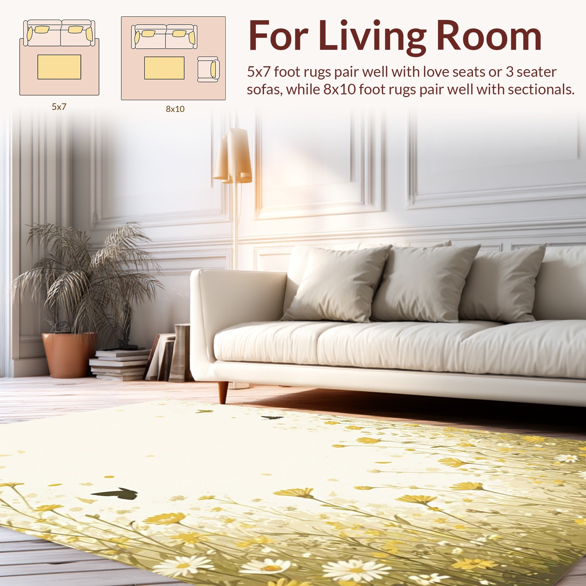 Whimsical Yellow Floral Butterfly Meadow Design Rug