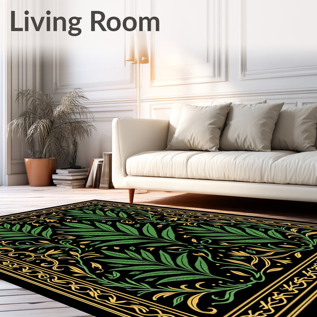 Vintage Green Golden Leaf Border Rug