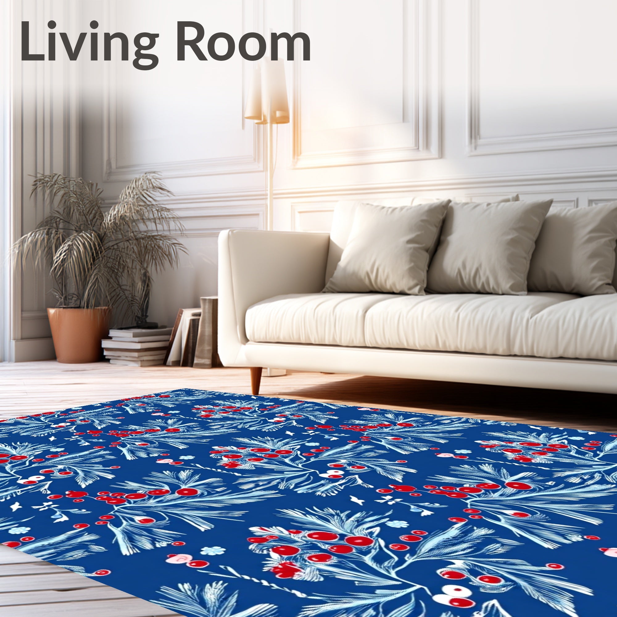 Crimson Berry White Branch Blue Field Rug
