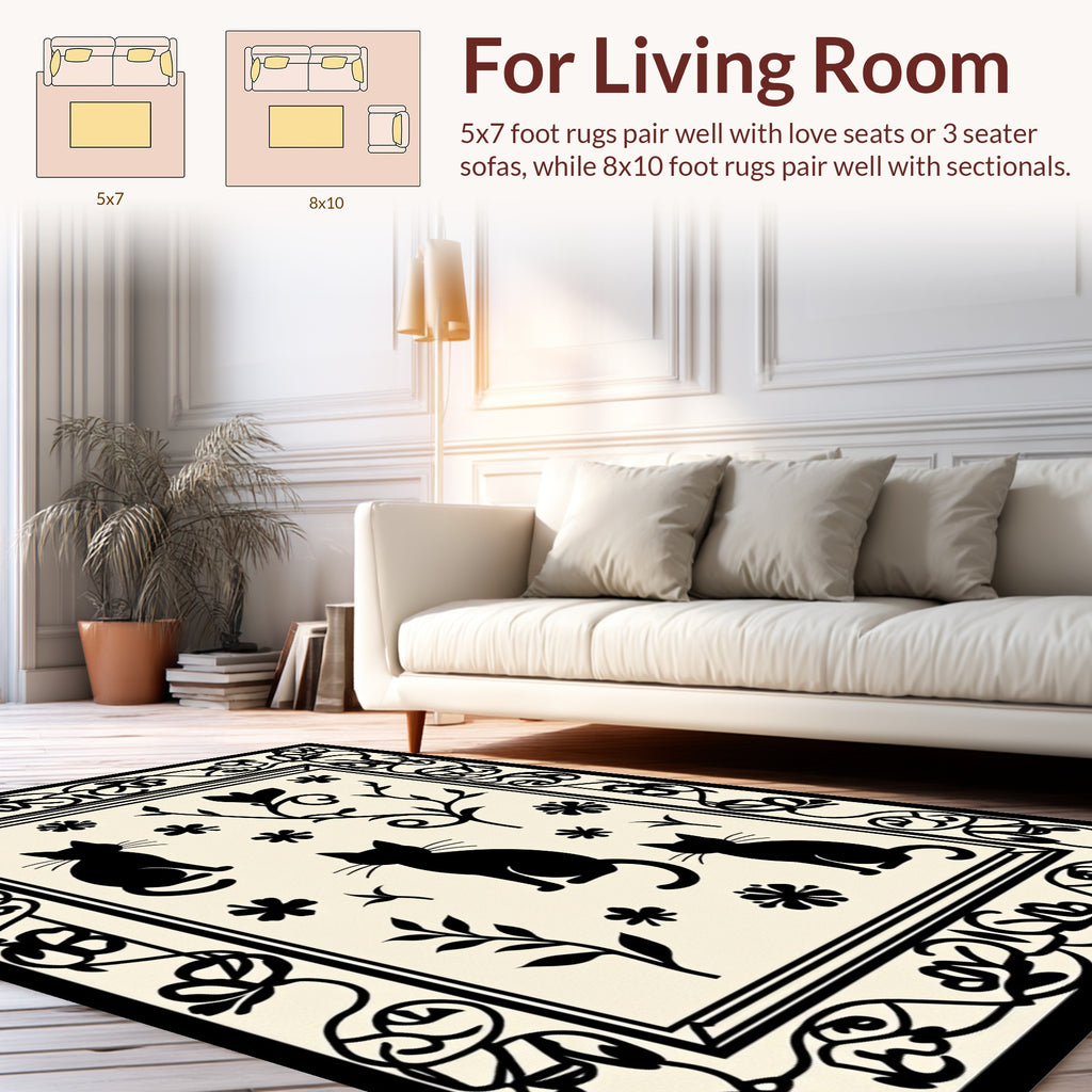 Black Cat Floral Design Rug