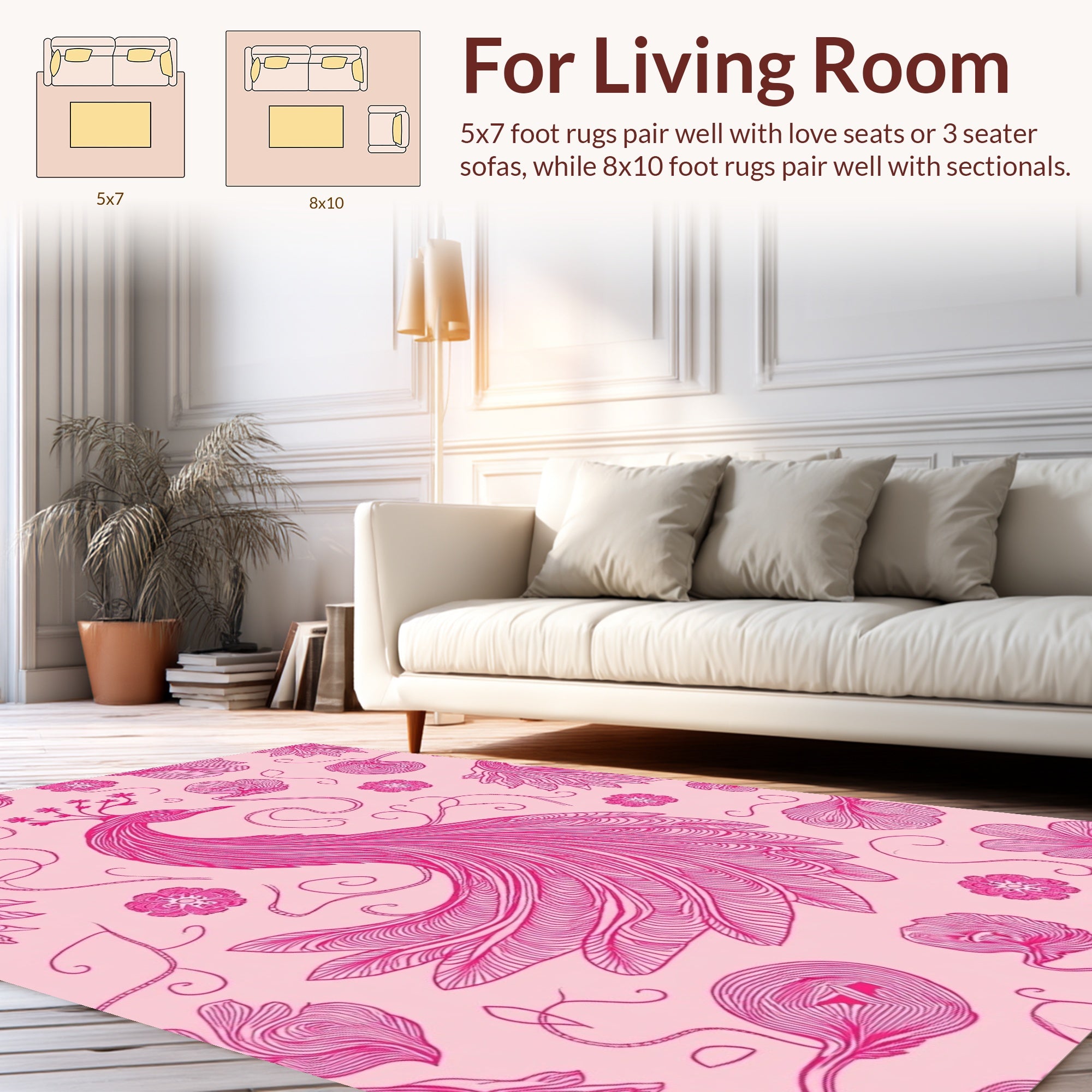 Pink Peacock Floral Line Art Rug