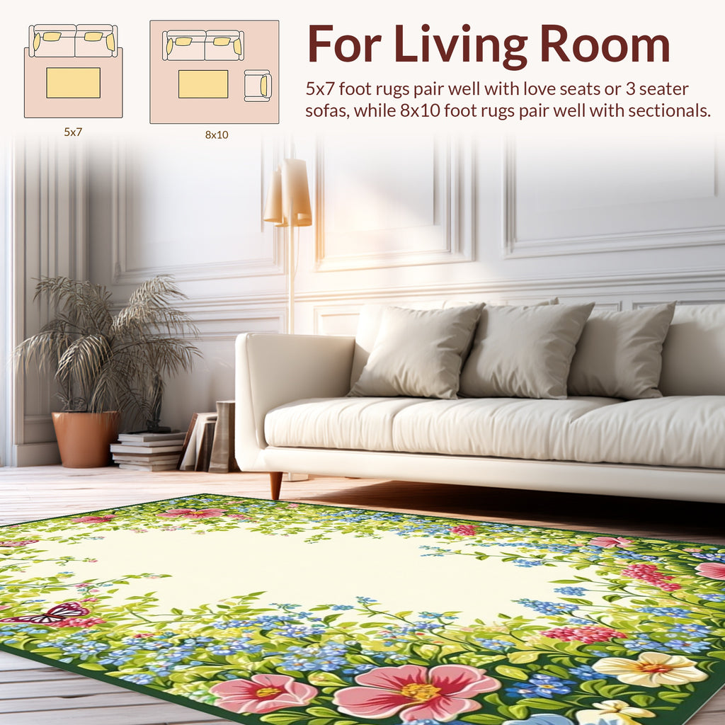 Vibrant Floral Garden Whimsical Butterflies Rug