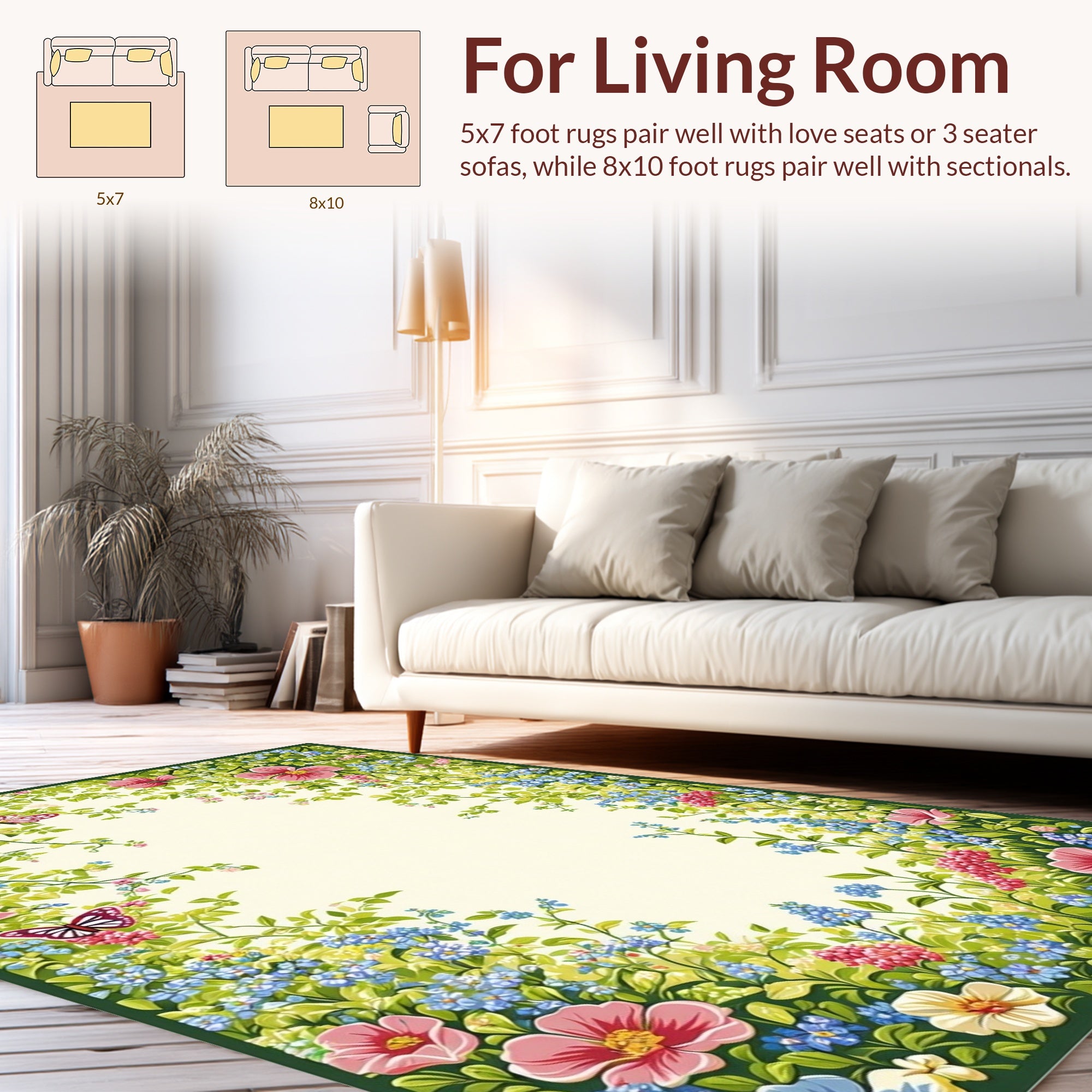 Vibrant Floral Garden Whimsical Butterflies Rug