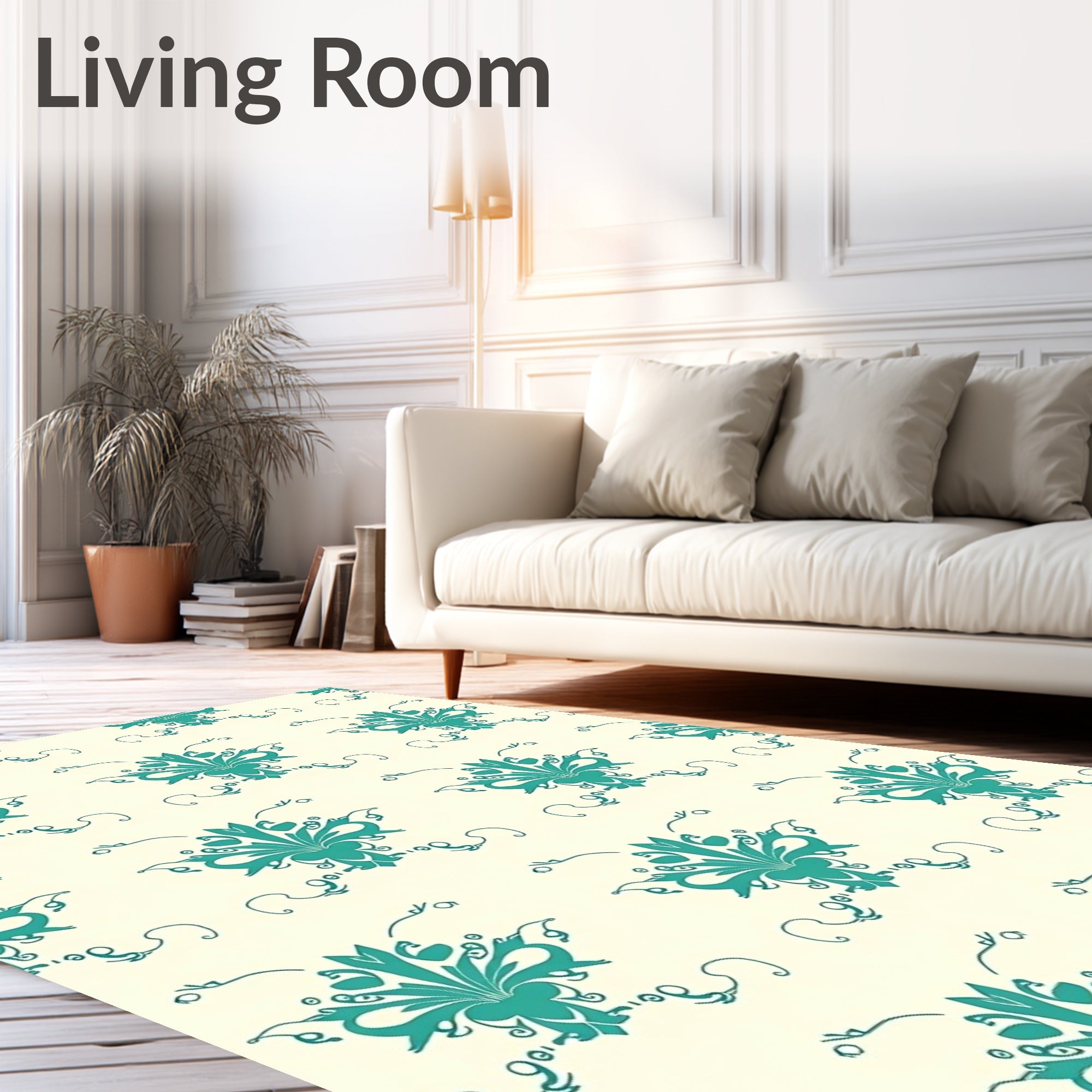 Teal Floral Damask Scrollwork Rug