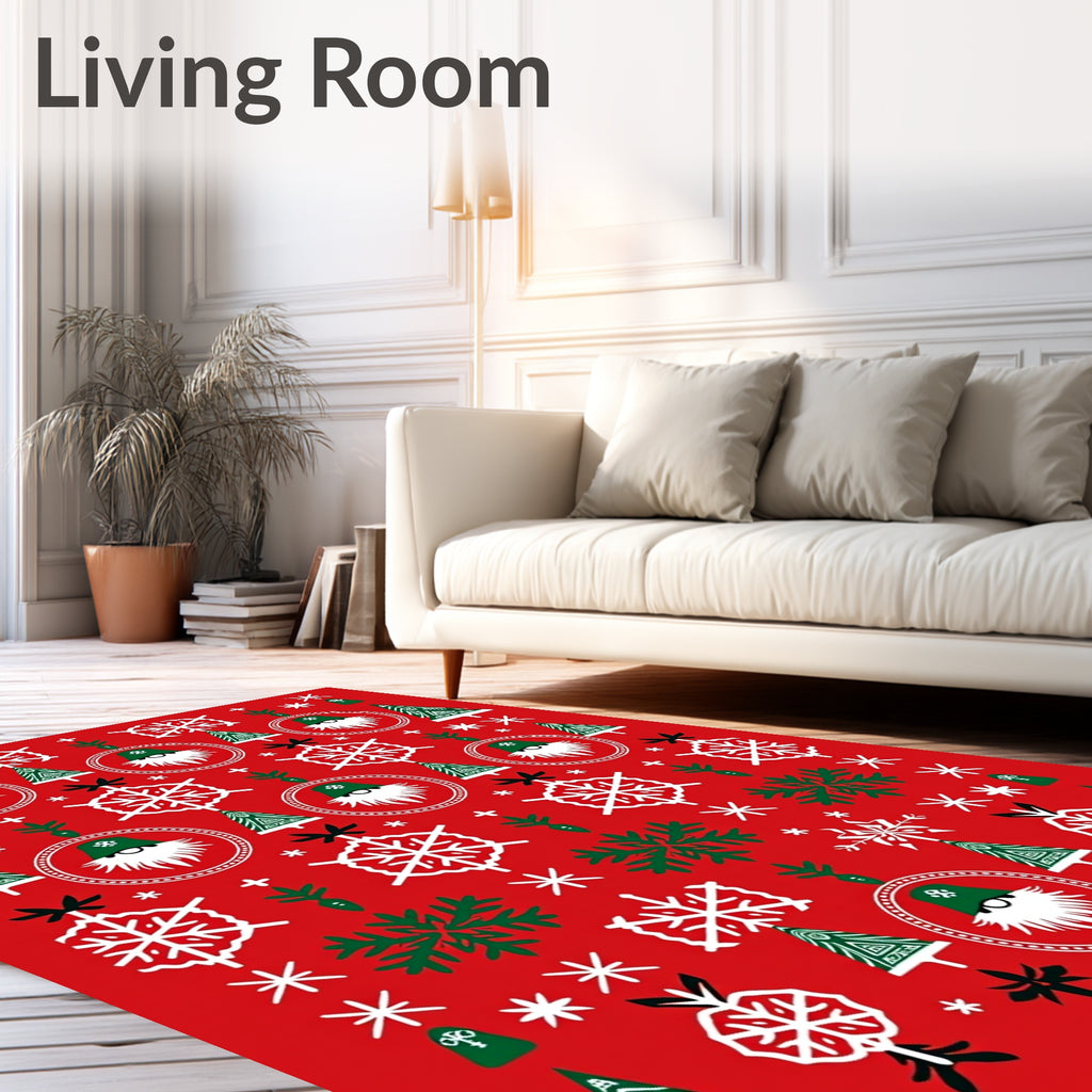 Festive Red White Green Gnome Trees Rug
