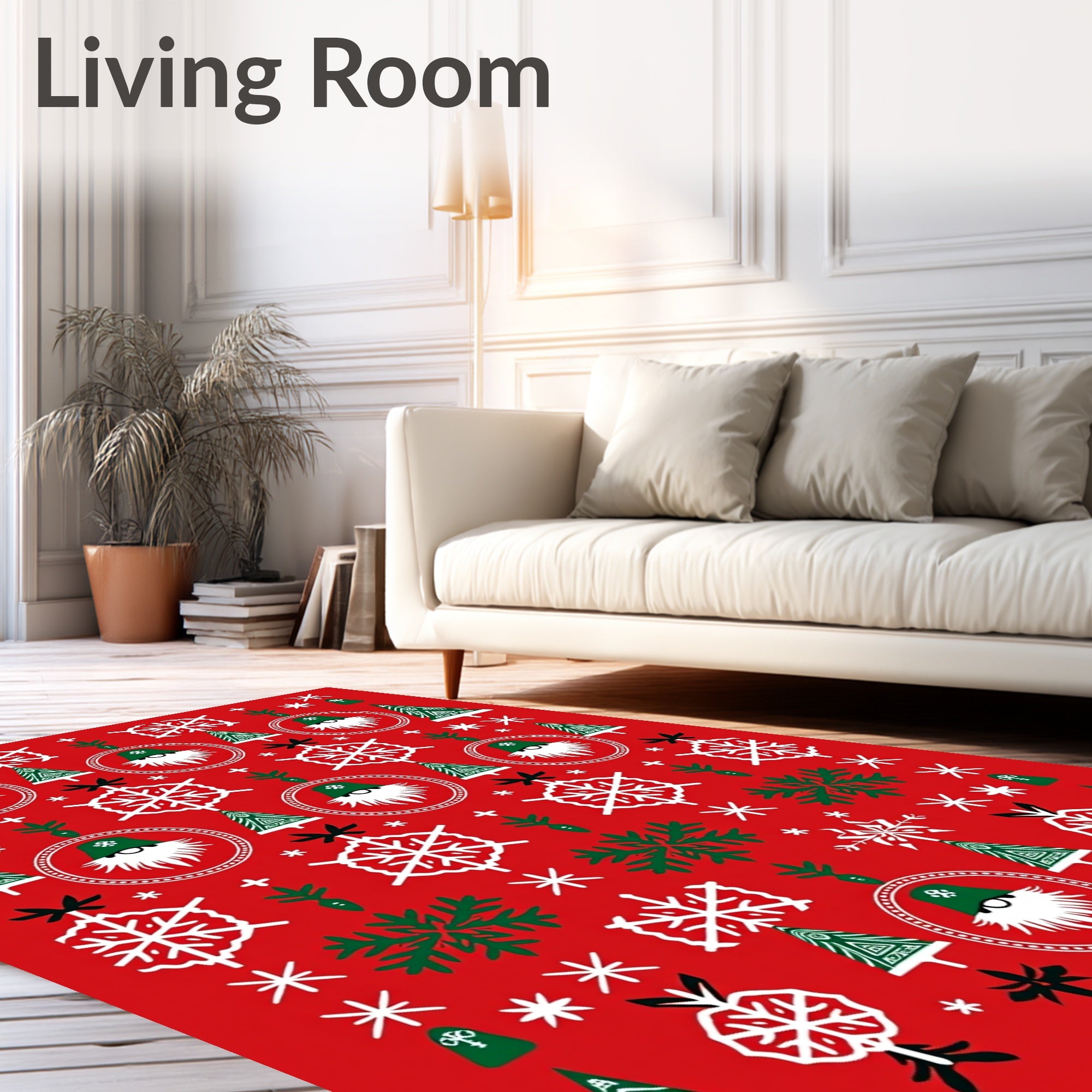 Festive Red White Green Gnome Trees Rug