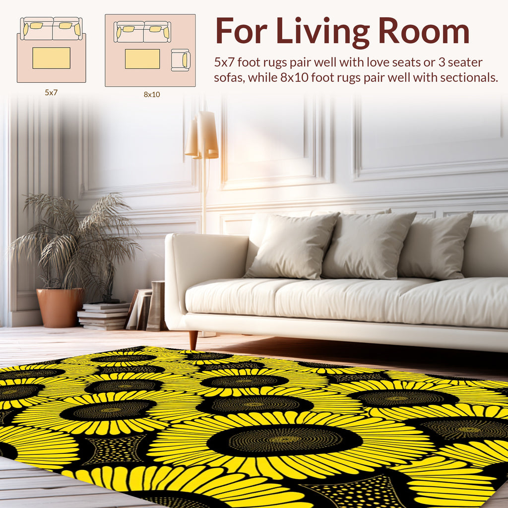 Bright Sunflowers In Black Pattern Rug