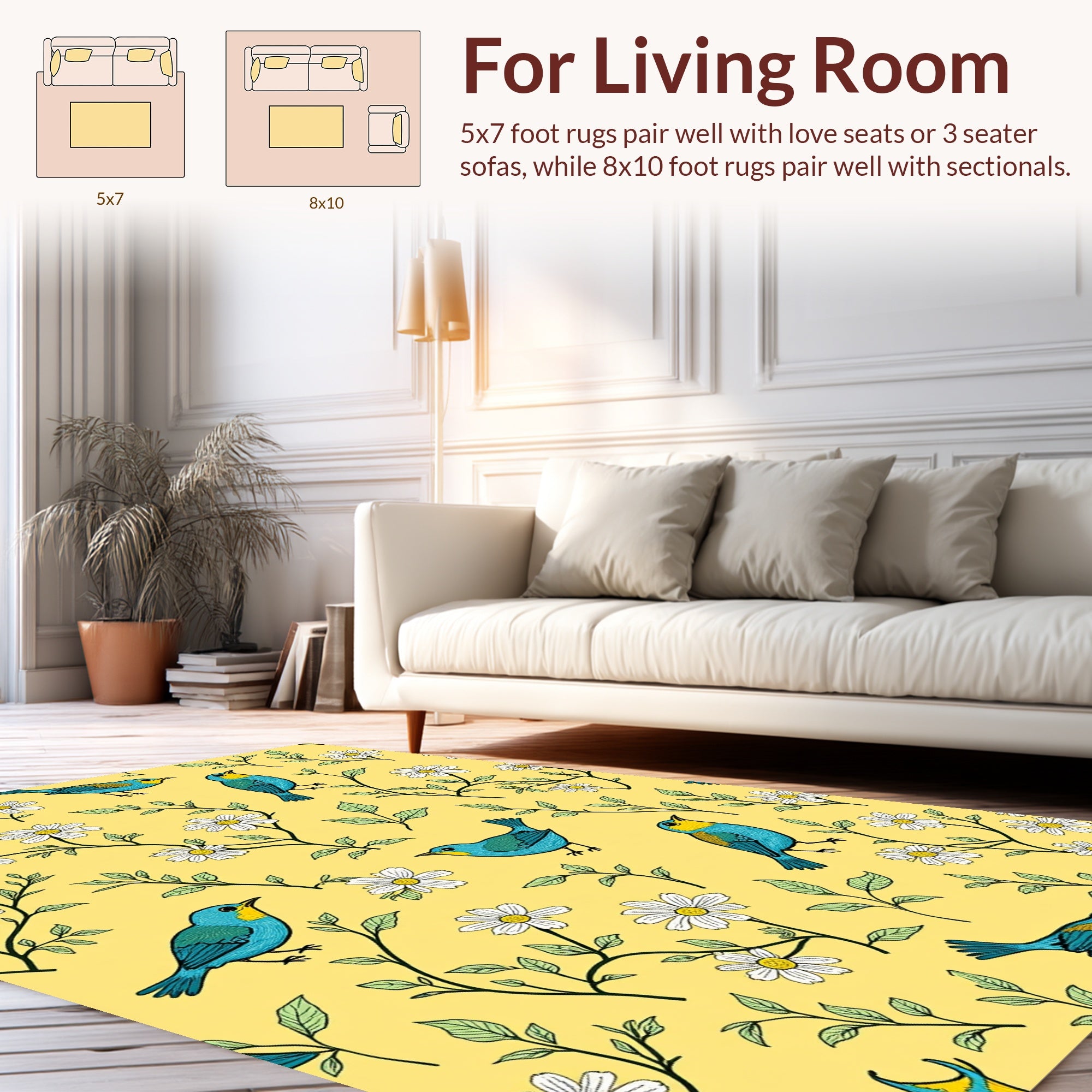 Whimsical Blue Birds Daisy Pattern Rug