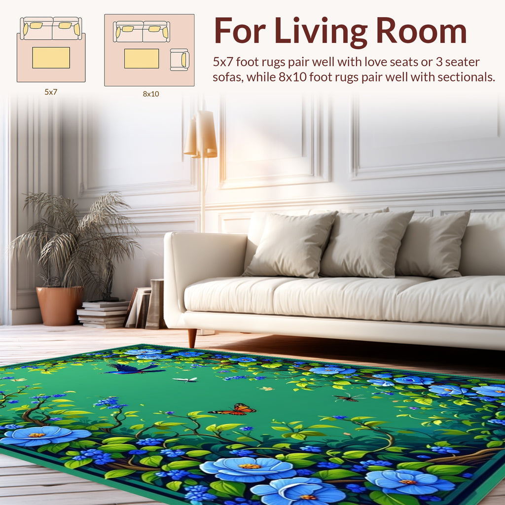 Enchanted Garden Blue Floral Birds Rug