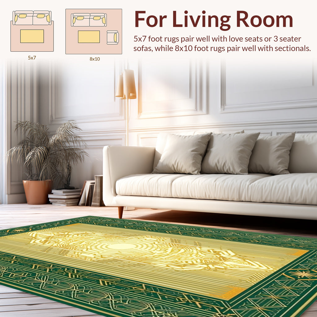 Art Deco Green Gold Geometric Tapestry Rug