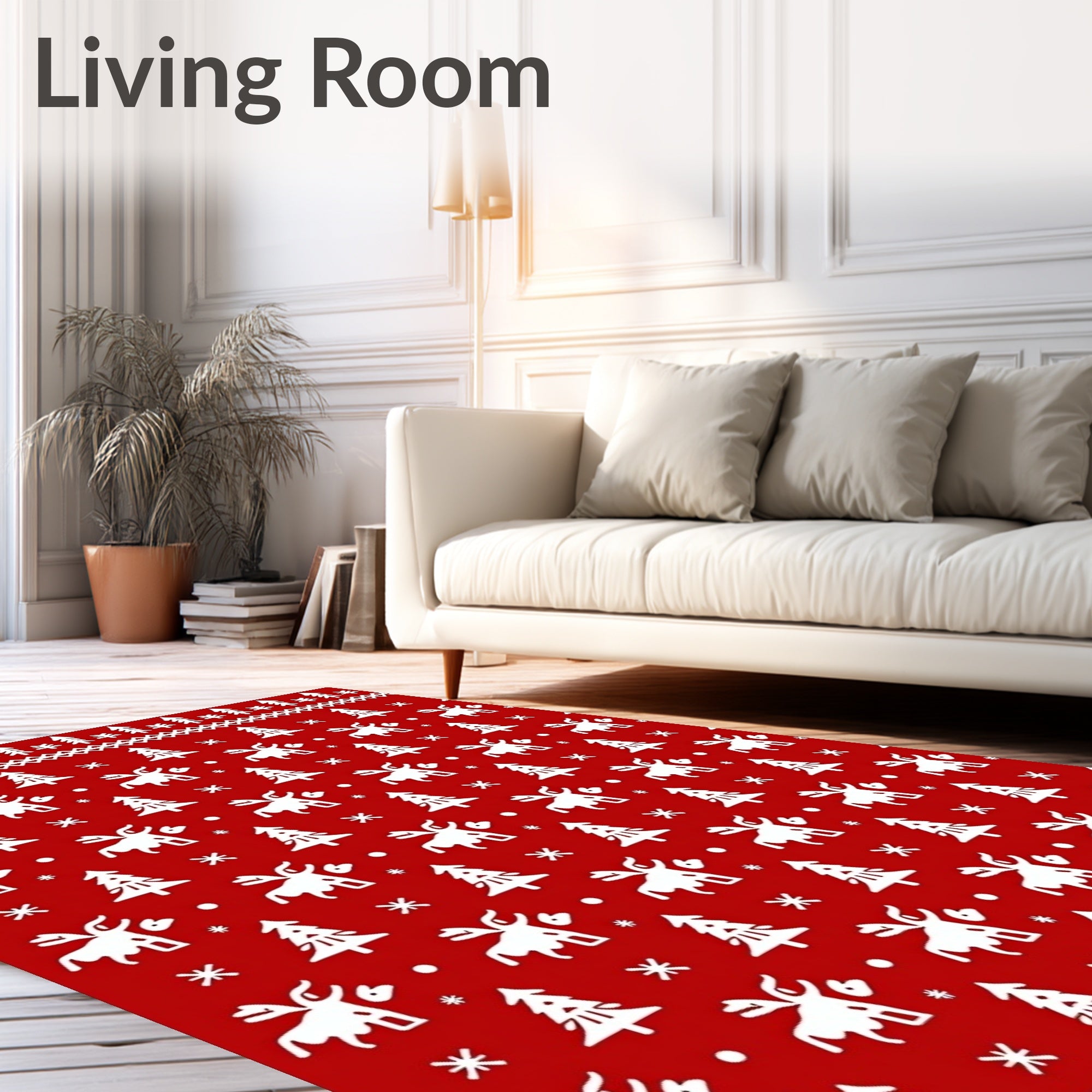 Red White Woodland Animal Trees Rug