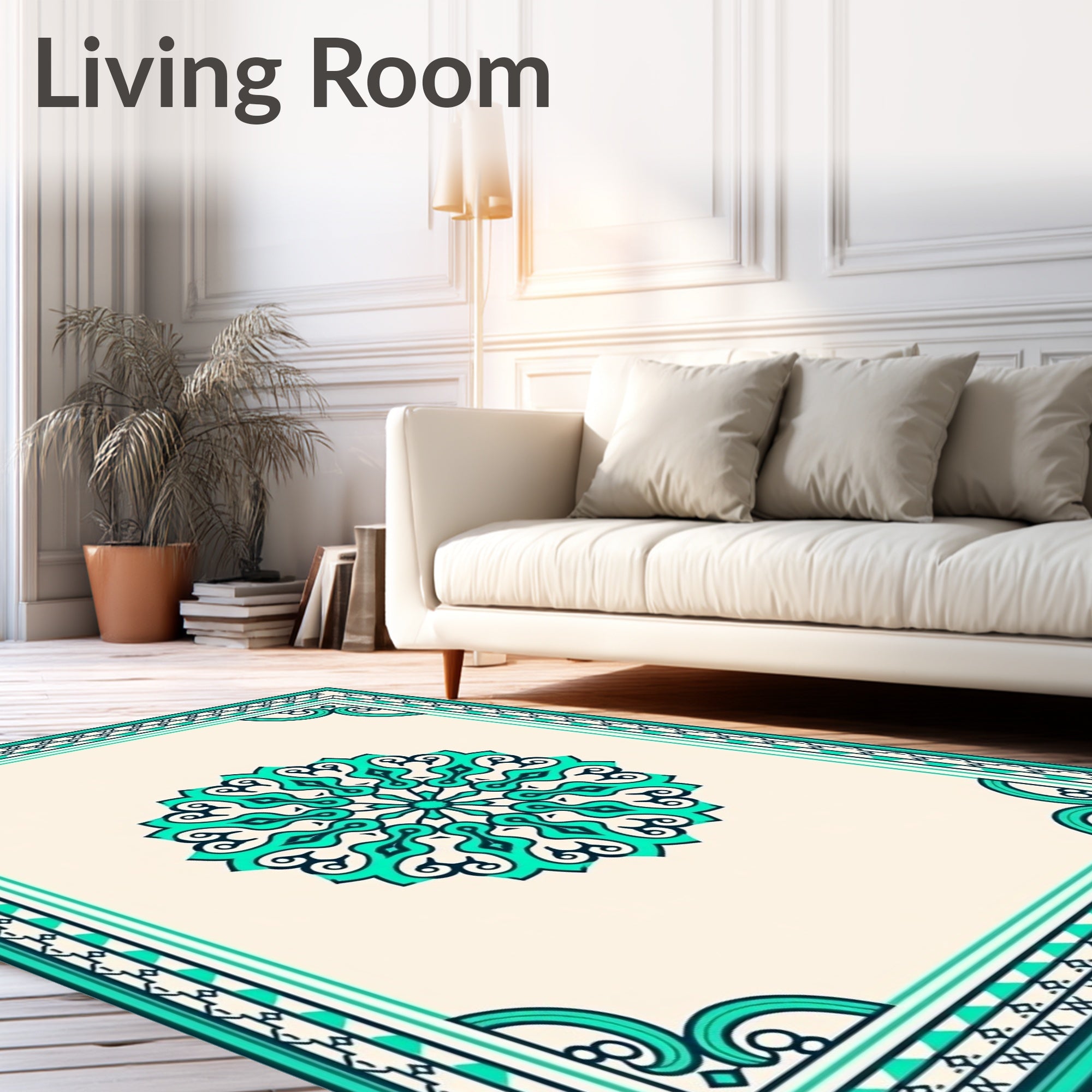 Teal Mandala Floral Border Rug