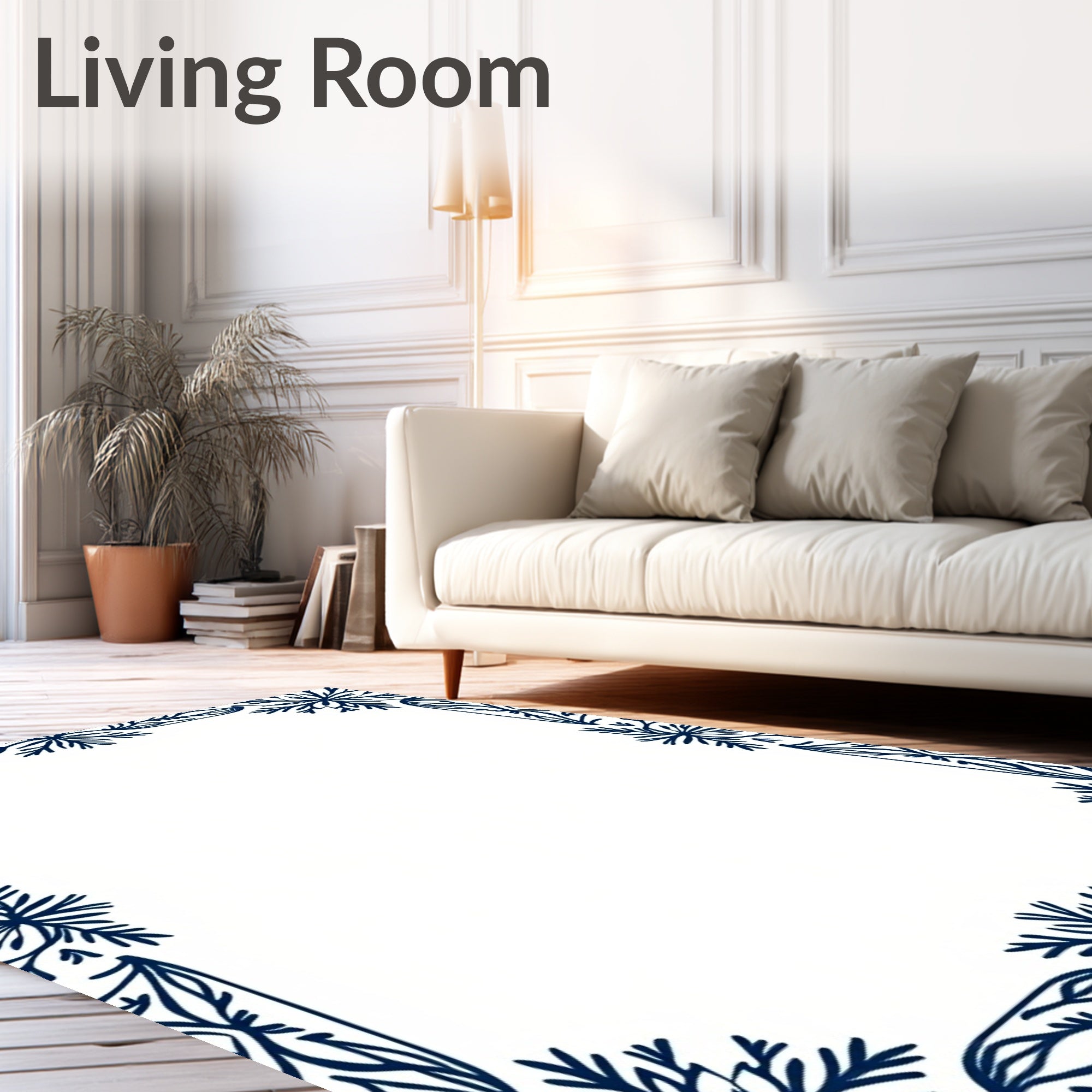 Navy Blue Floral Corner Frame Rug