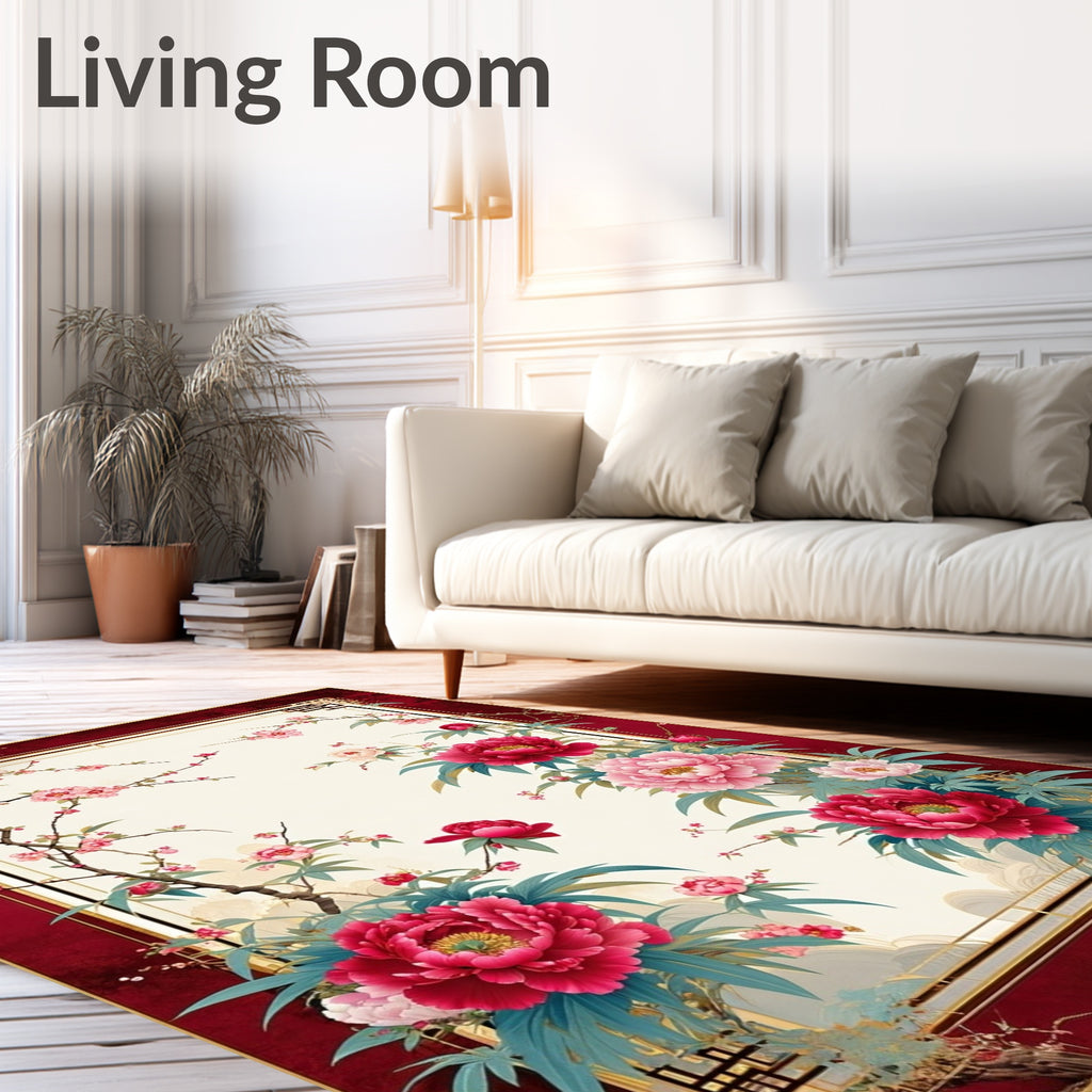 Crimson Peony Blossom Branch Design Rug