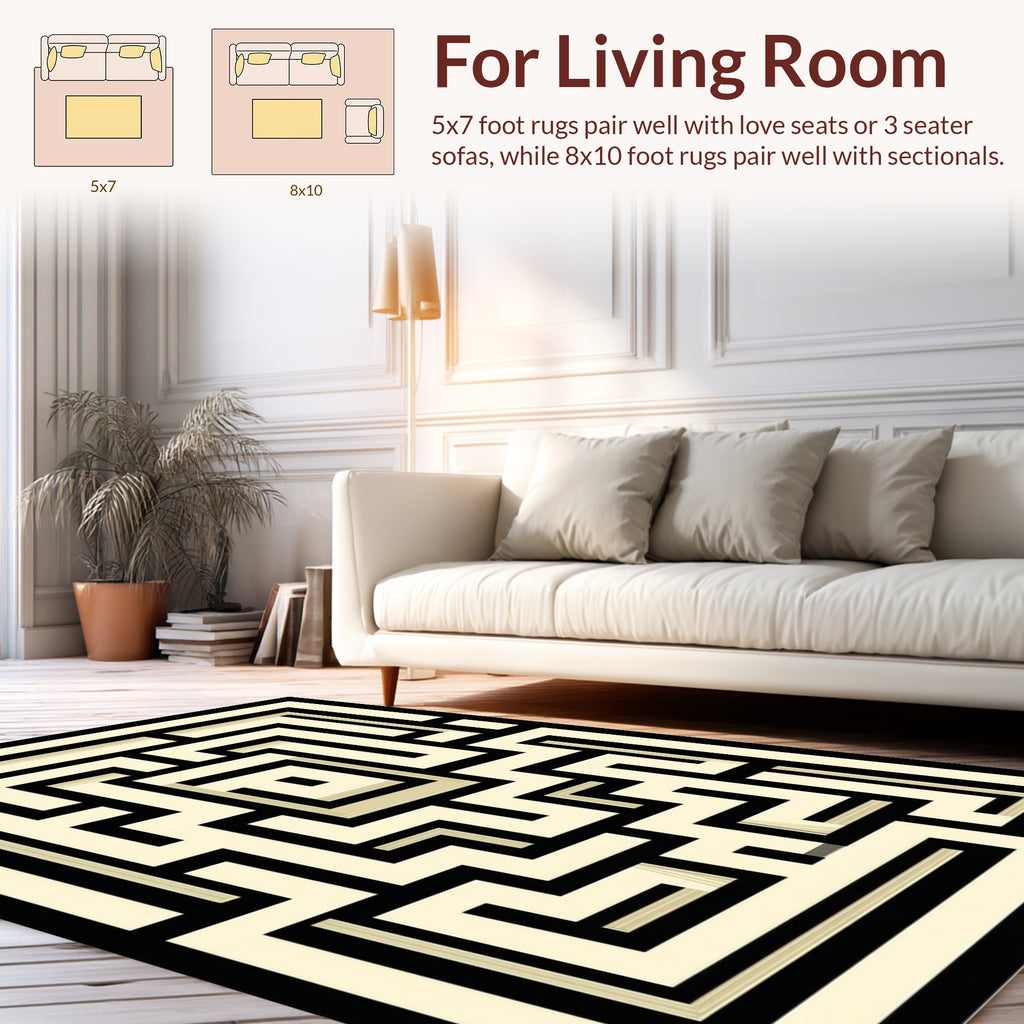 Abstract Black Cream Maze Design Rug