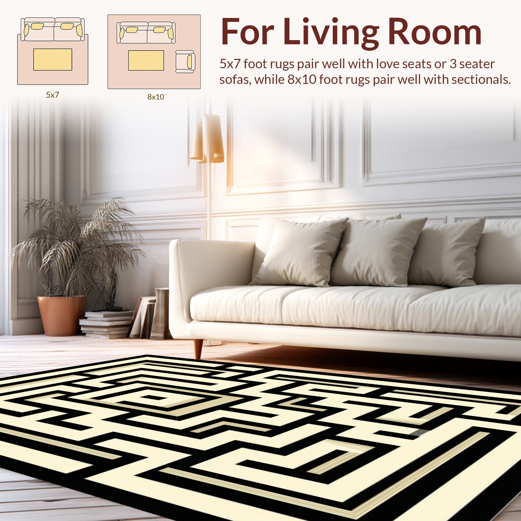 Abstract Black Cream Maze Design Rug