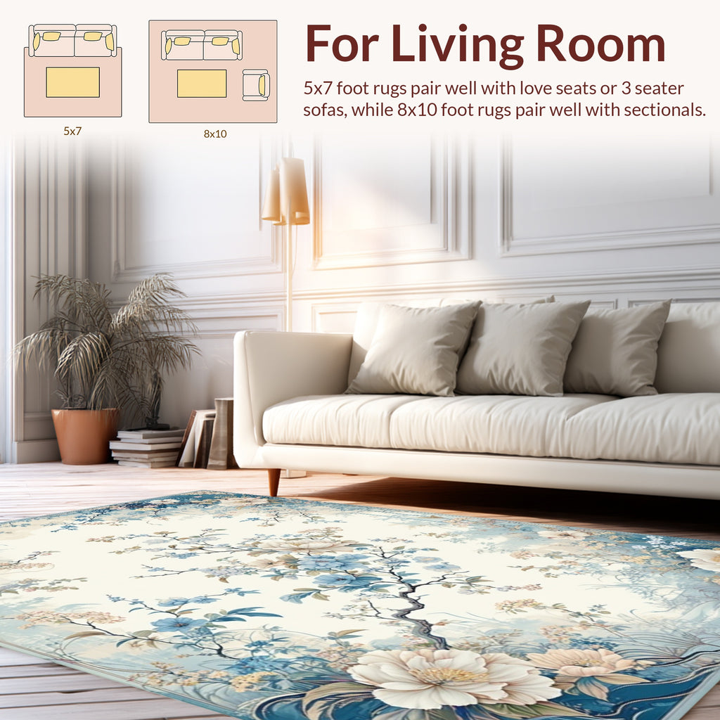 Soft Blue Floral Garden Pattern Rug