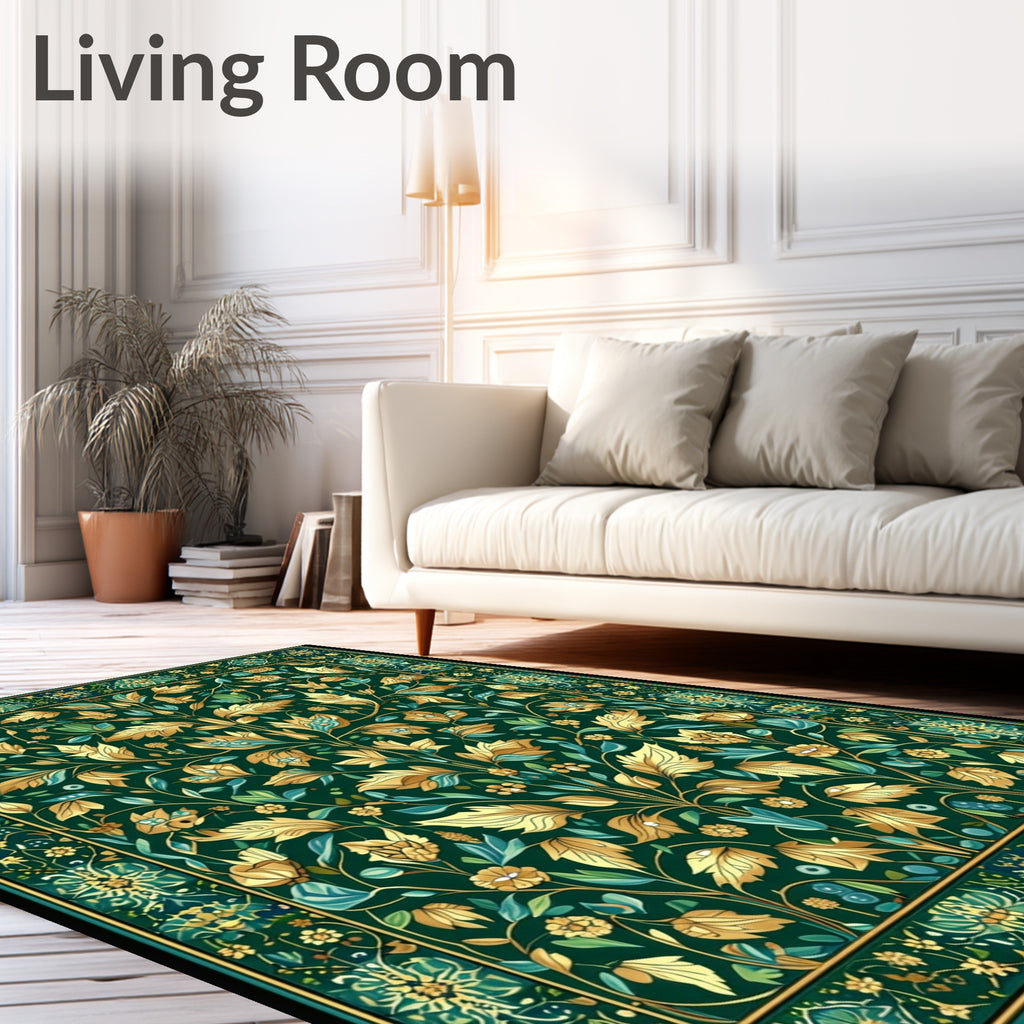Emerald Green Floral Art Nouveau Rug
