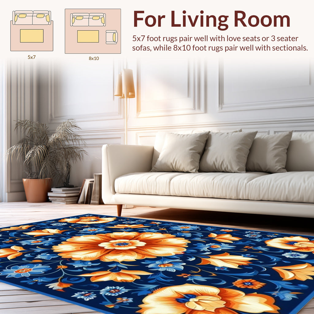 Ornate Floral Blue Orange Pattern Rug
