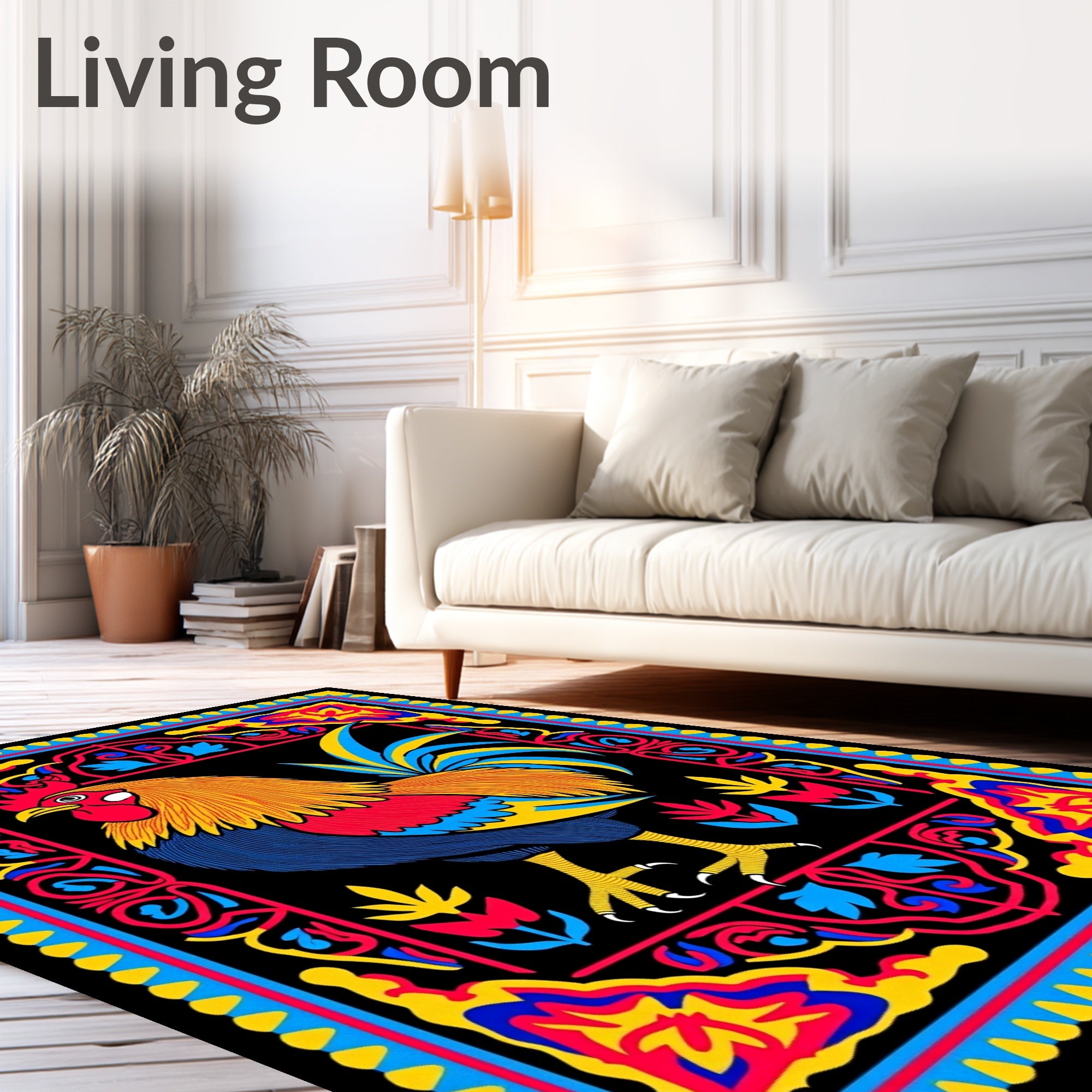 Bold Rooster Floral Frame Rug