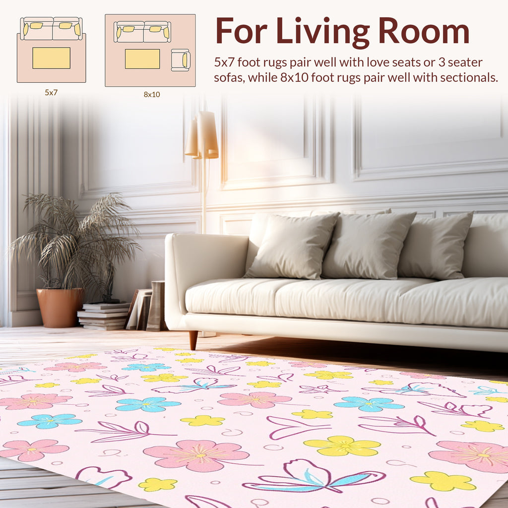 Pastel Flowers and Butterflies Repeating Pattern Rug