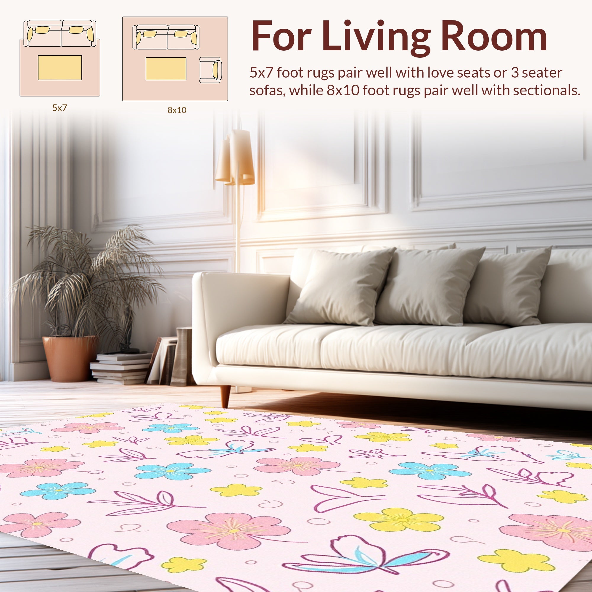 Pastel Flowers and Butterflies Repeating Pattern Rug