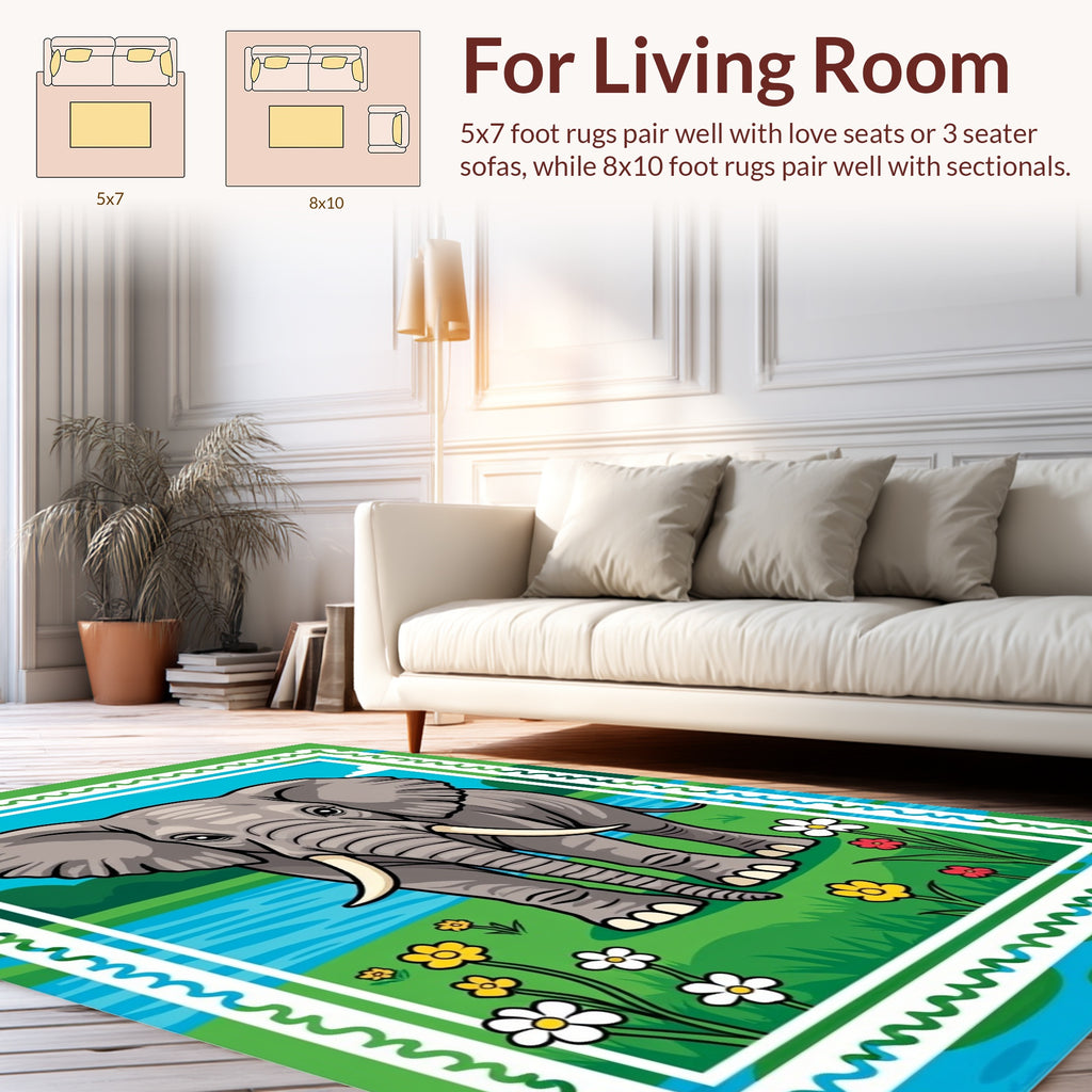 Whimsical Elephant Floral Nature Scene Rug