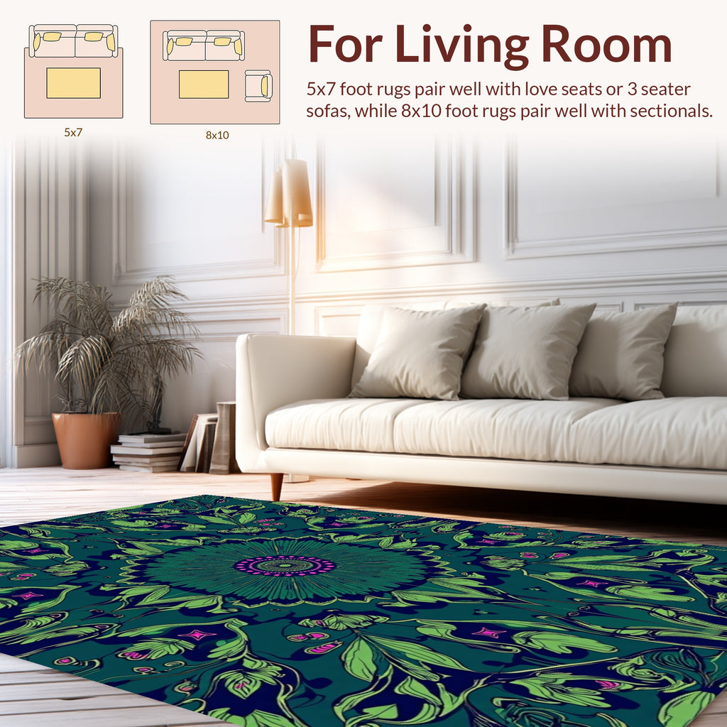 Dark Teal Floral Mandala Pattern Rug