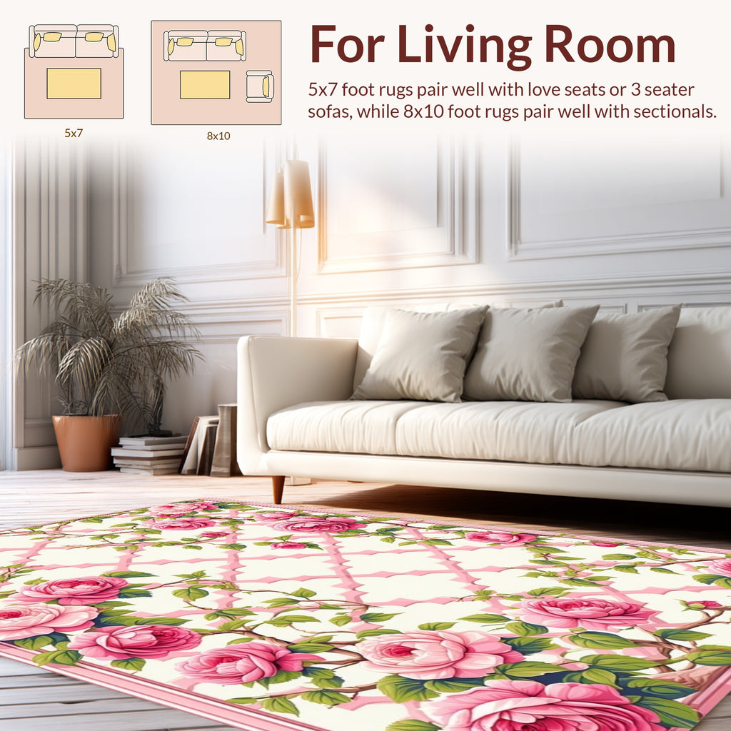 Pink Rose Vine Lattice Design Rug