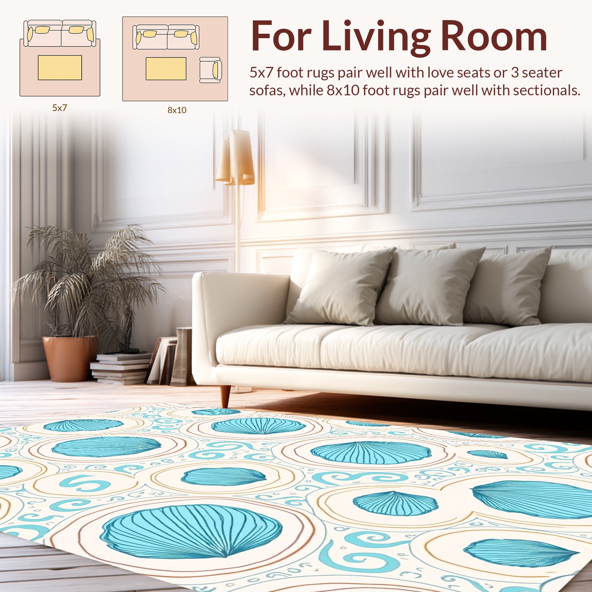 Coastal Blue Shells Swirls Pattern Rug
