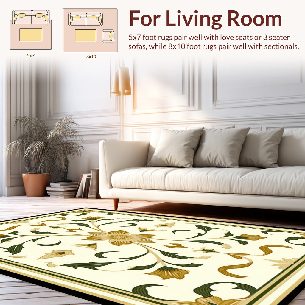 Cream Gold Green Floral Pattern Rug