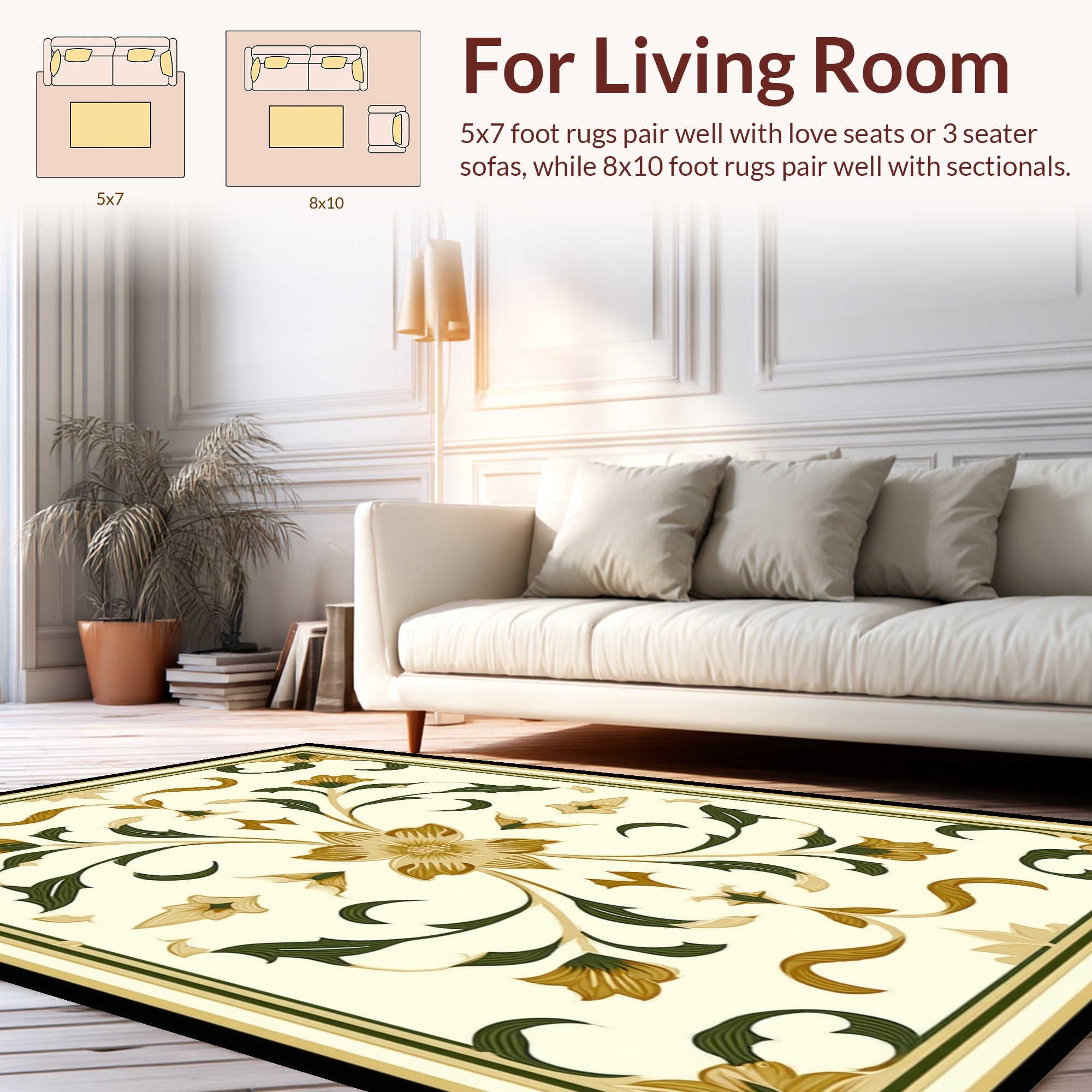 Cream Gold Green Floral Pattern Rug