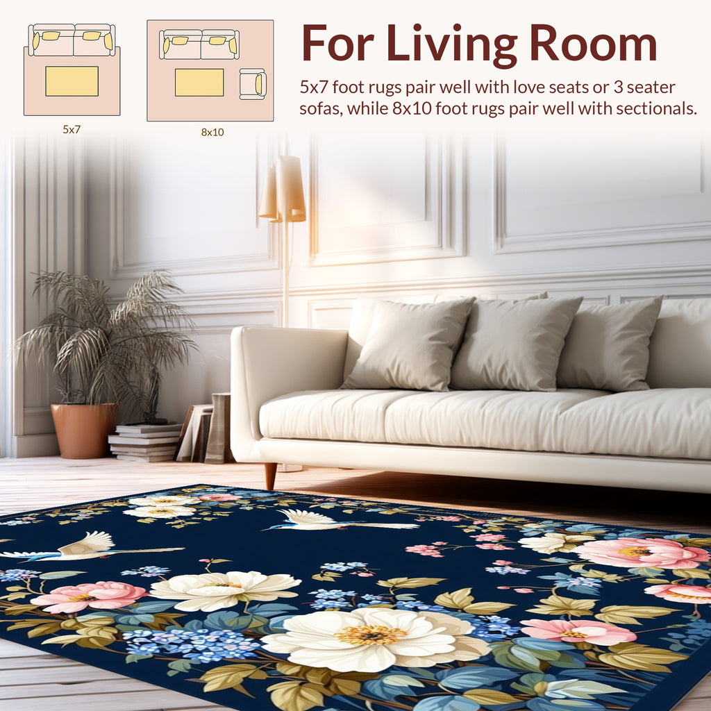 Floral Birds And Blossoms Dark Blue Rug