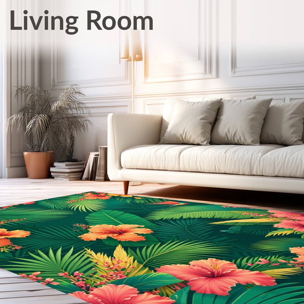 Tropical Hibiscus and Palm Leaf Design Rug