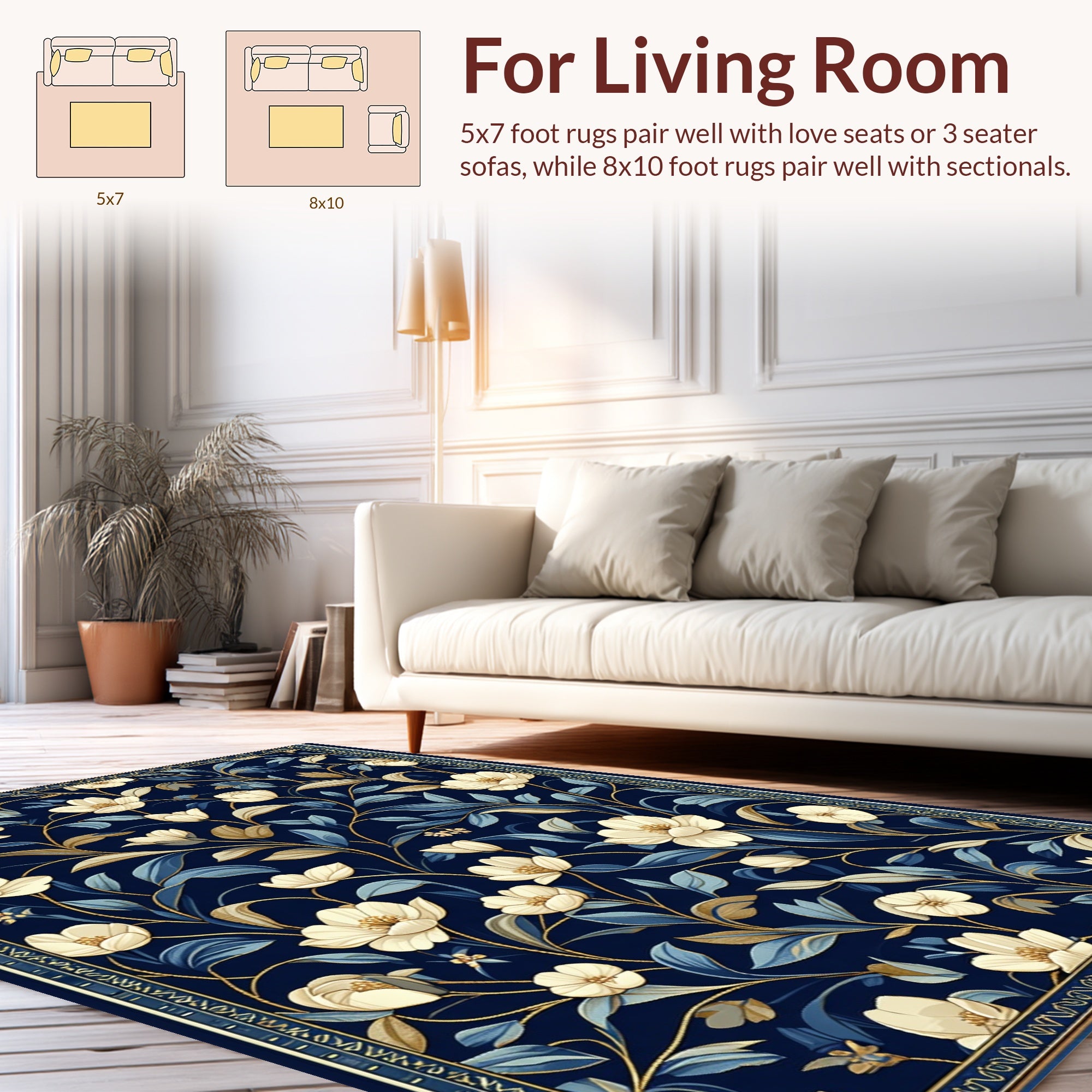 Dark Blue Floral Vine Pattern Rug