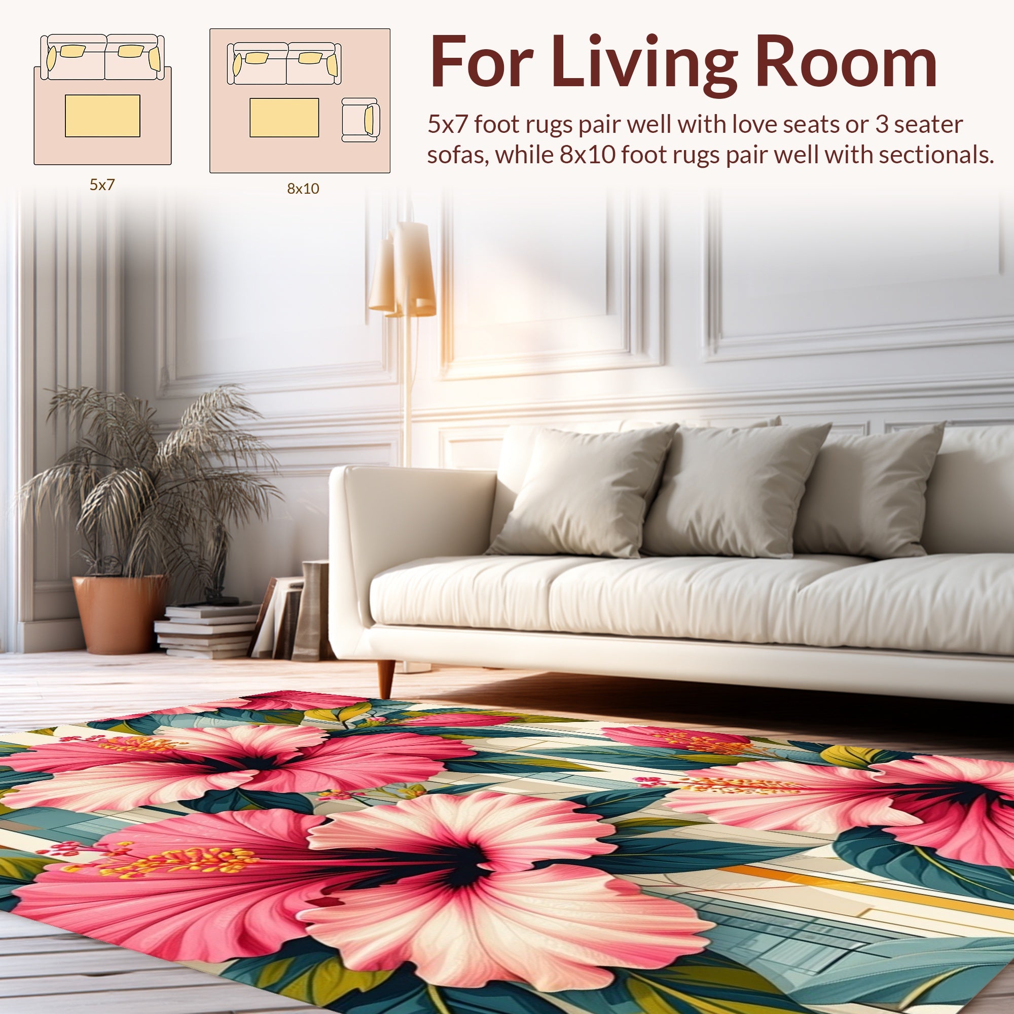 Vibrant Pink Hibiscus Floral Pattern Rug