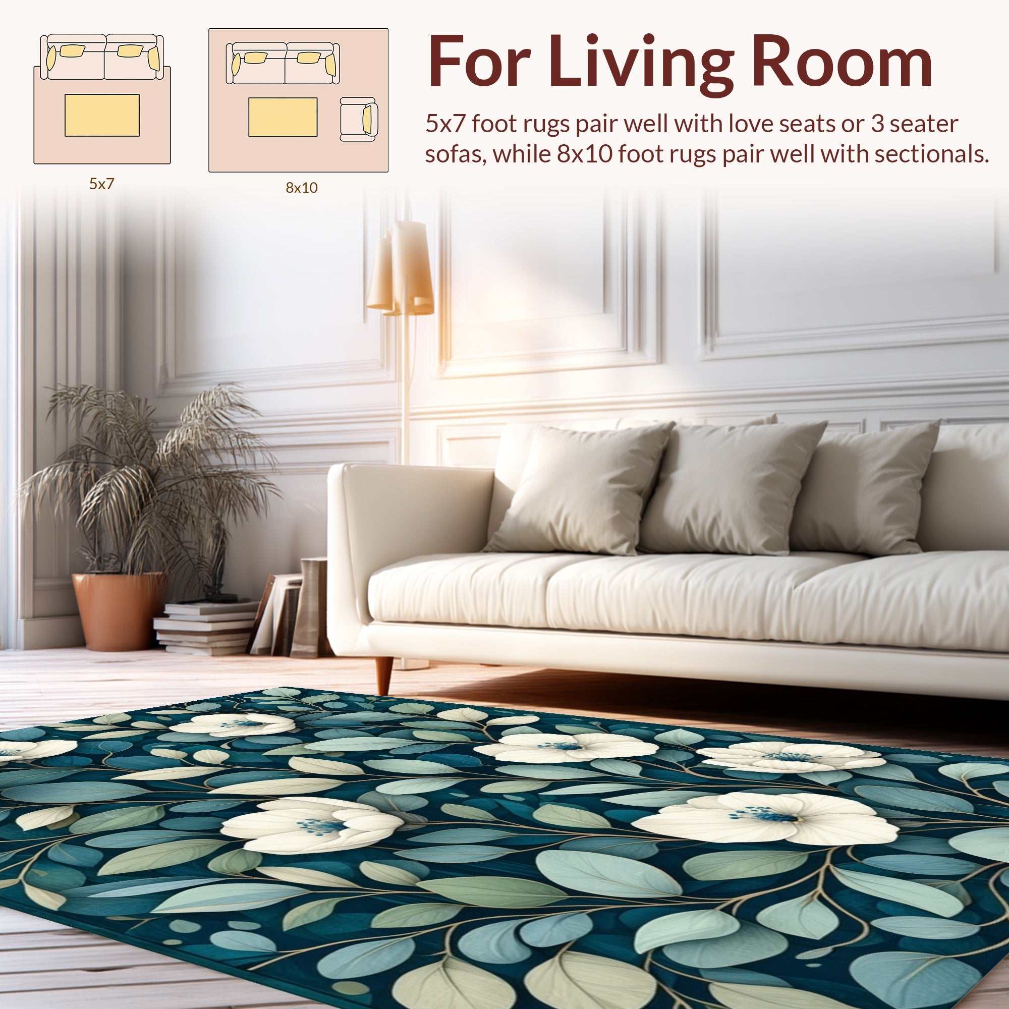 Elegant White Flower Blue Leaf Pattern Rug