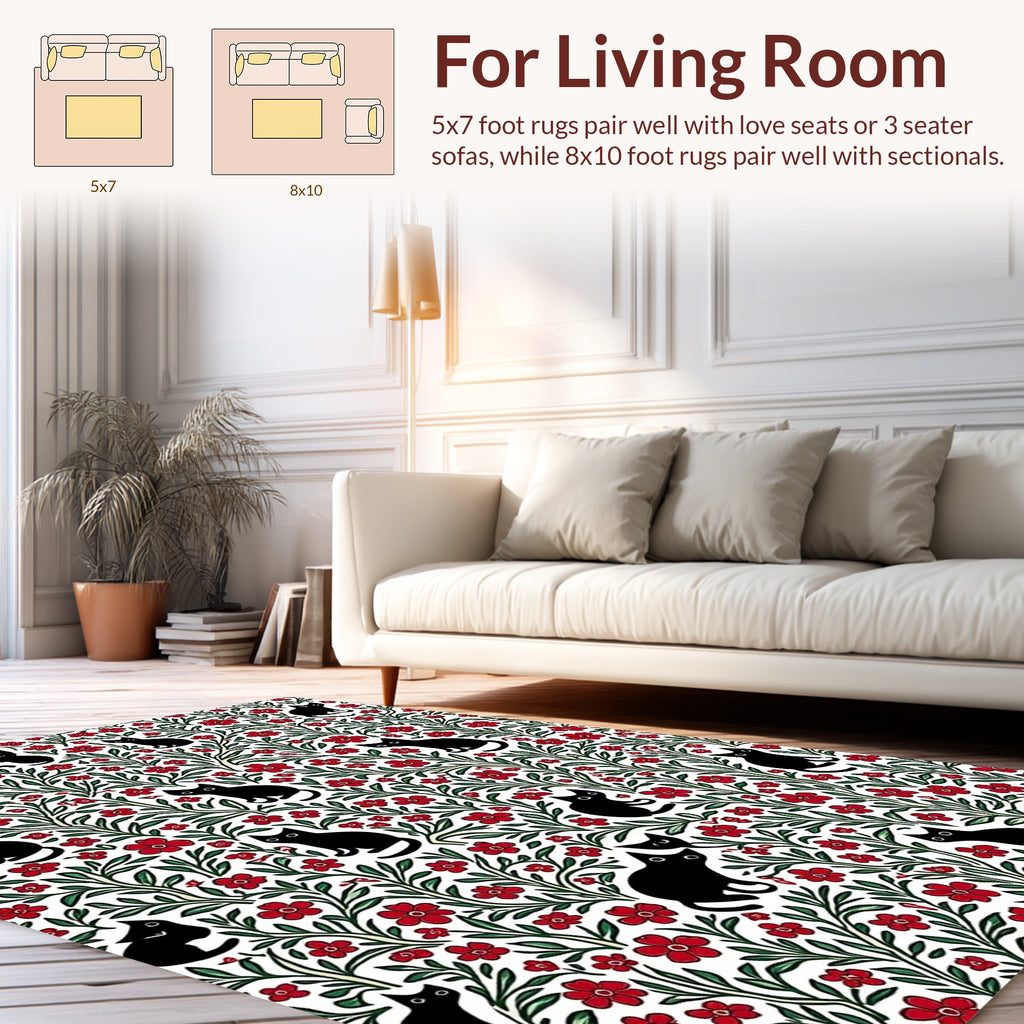Playful Black Cats Floral Whimsical Pattern Rug