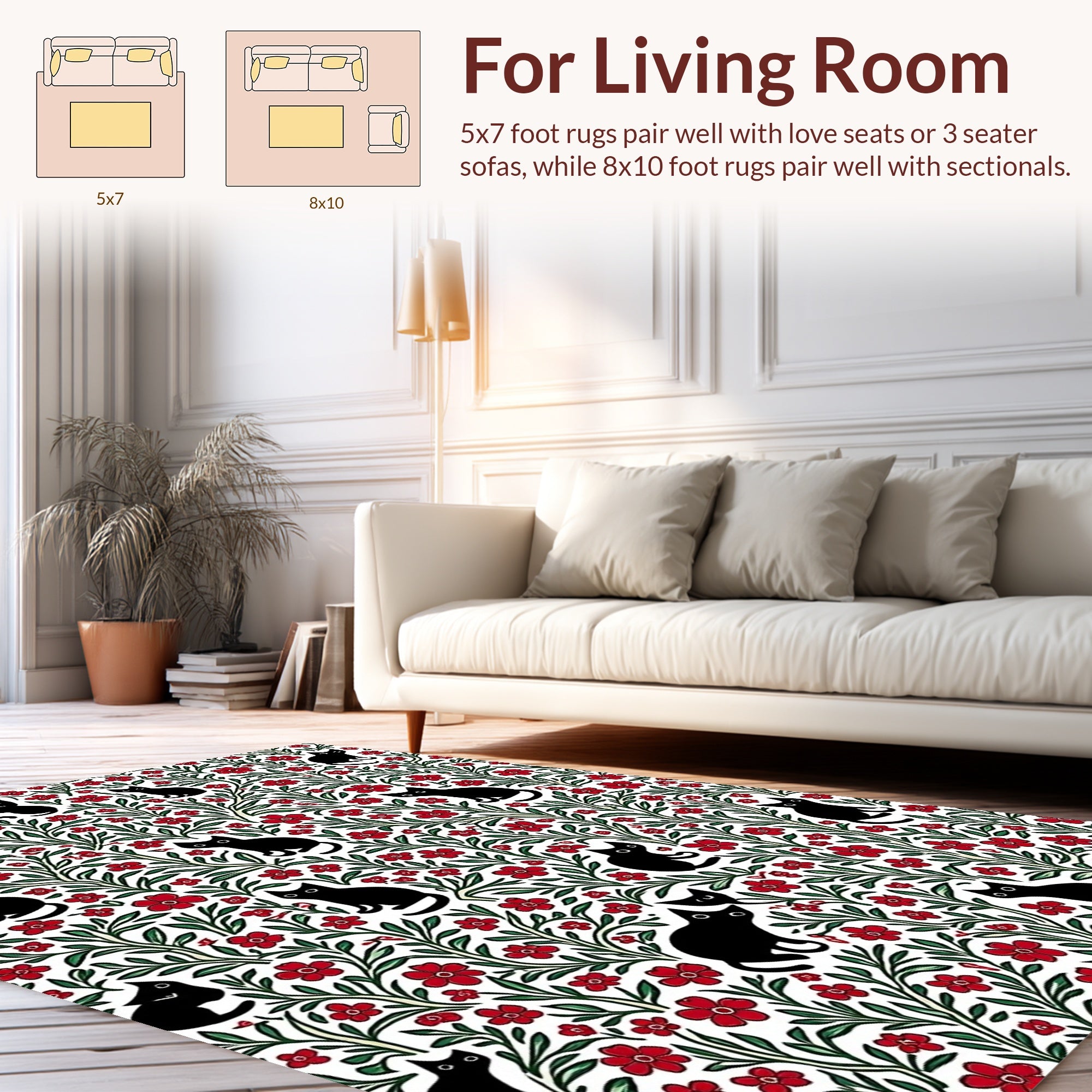 Playful Black Cats Floral Whimsical Pattern Rug