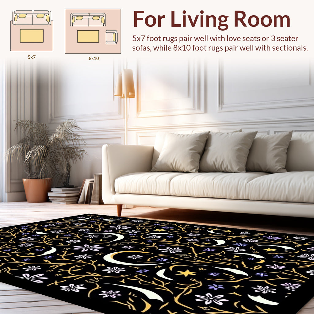 Whimsical Moon Stars Floral Print Rug