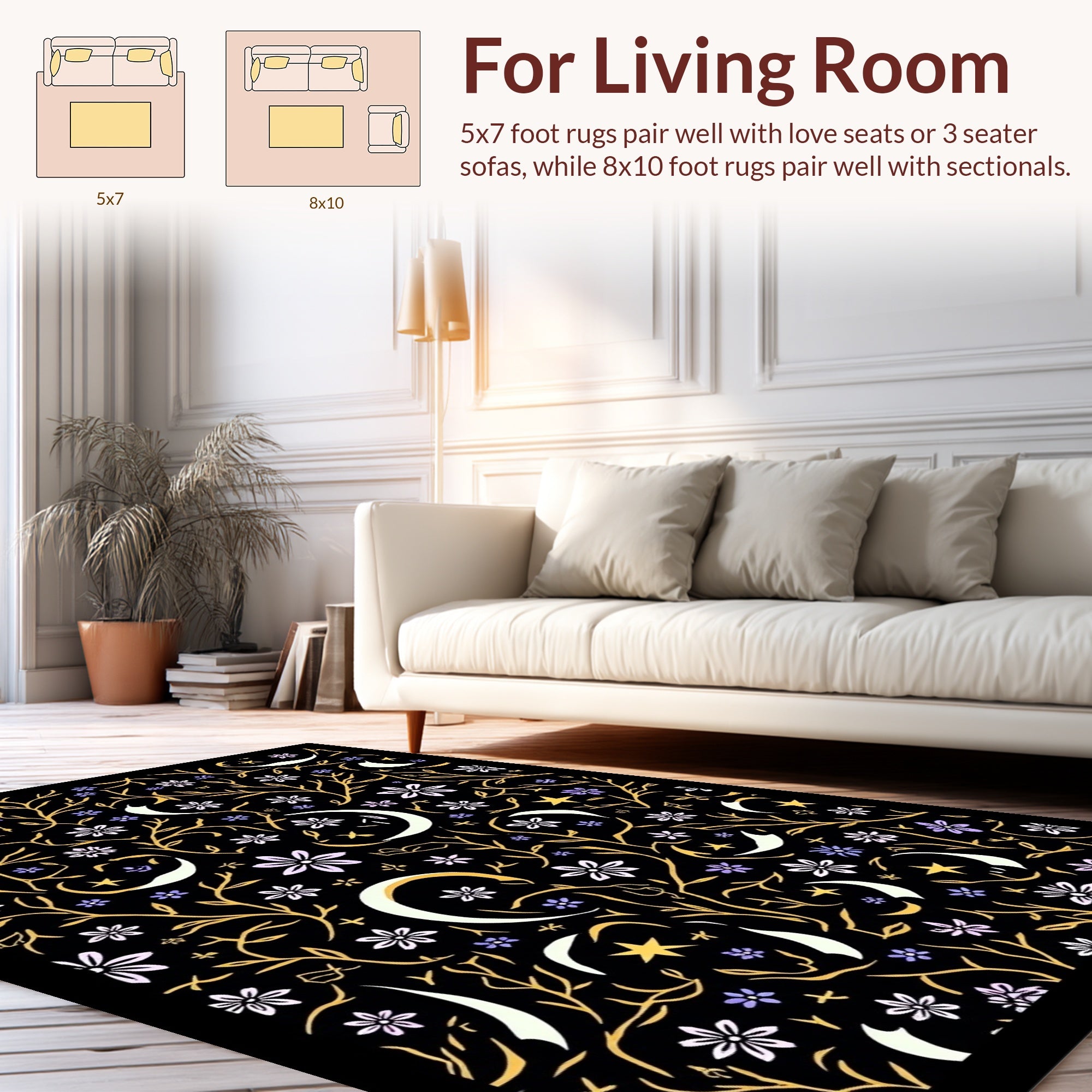 Whimsical Moon Stars Floral Print Rug