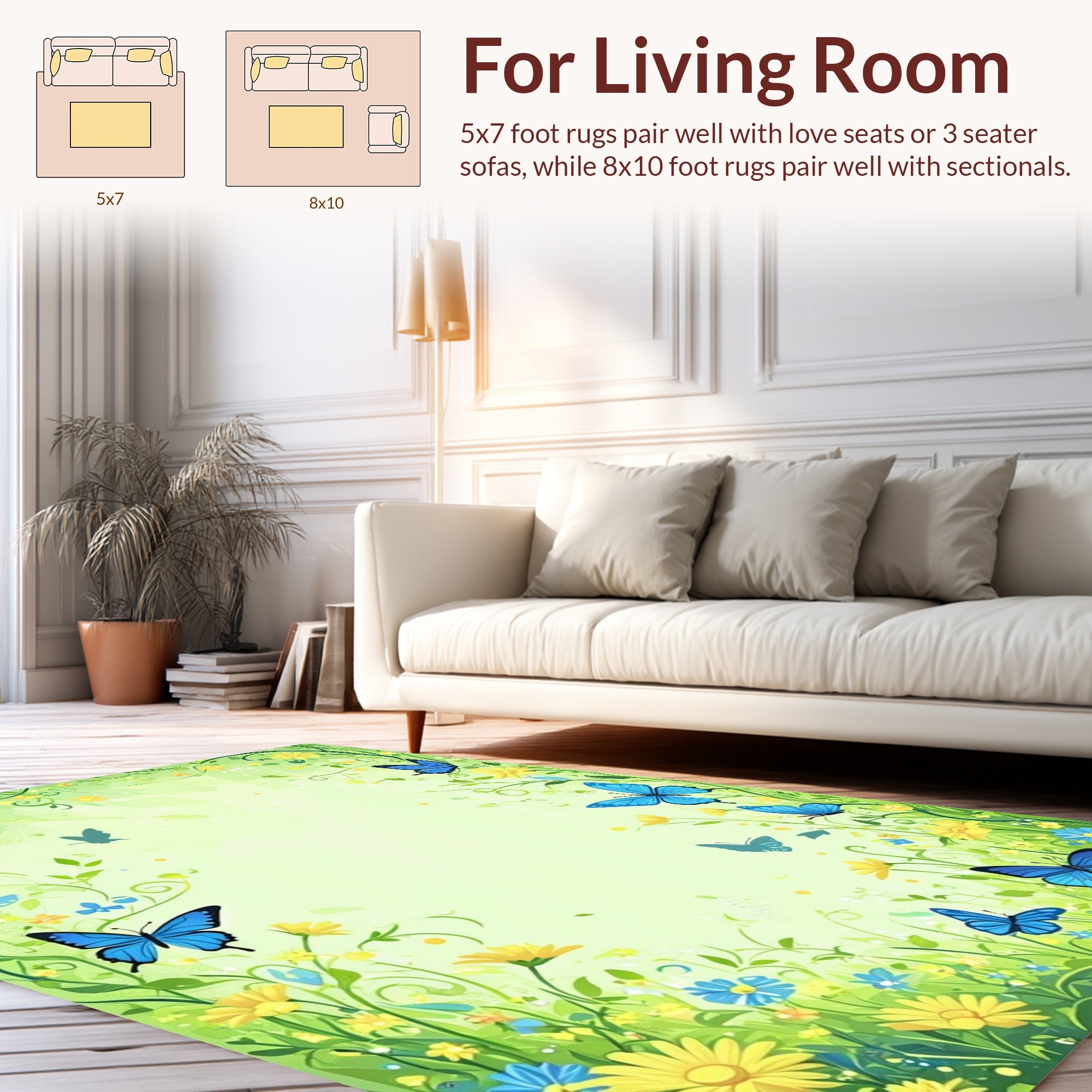 Whimsical Blue Butterflies Garden Scene Rug