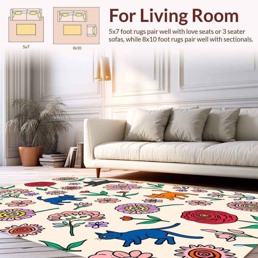 Whimsical Floral Cat Pattern Design Rug