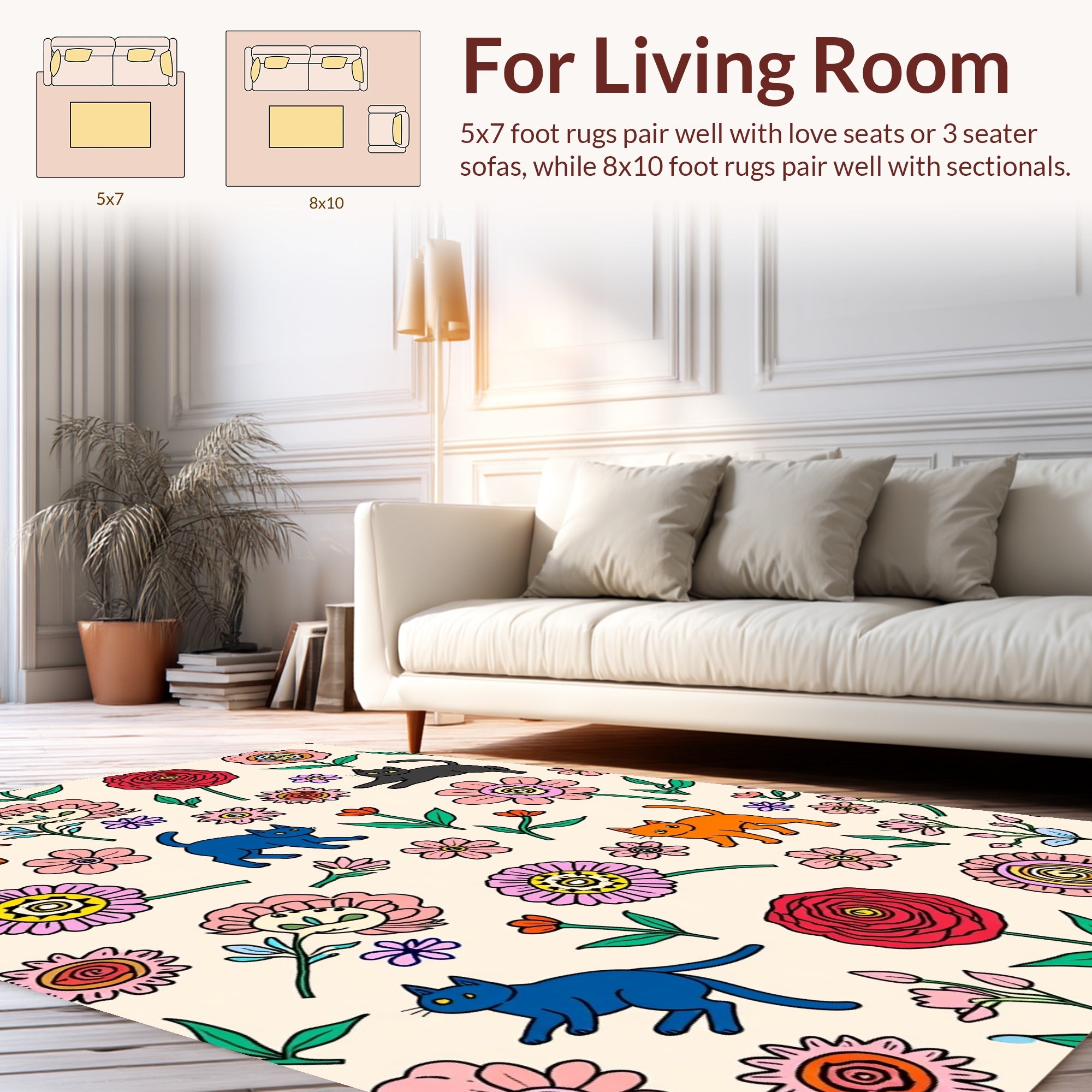 Whimsical Floral Cat Pattern Design Rug