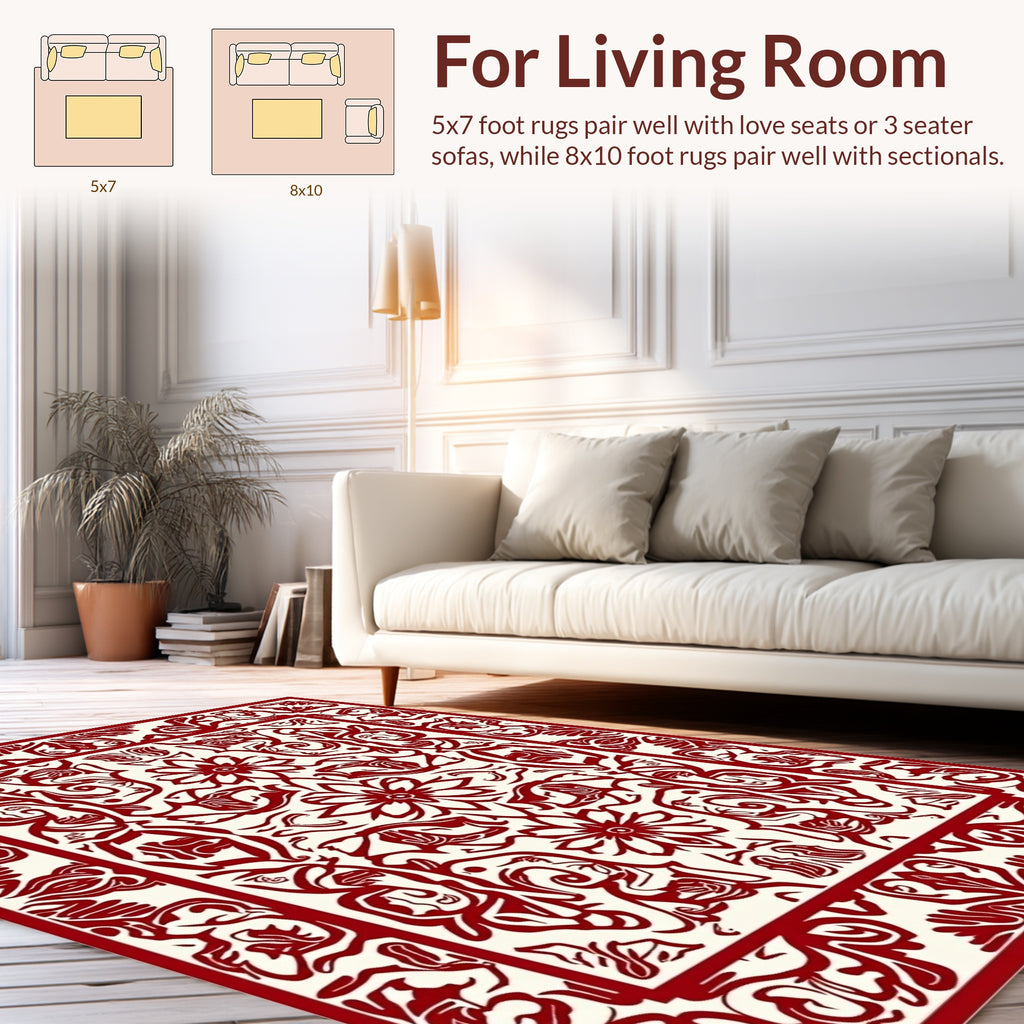 Ornate Red Floral Border Design Rug