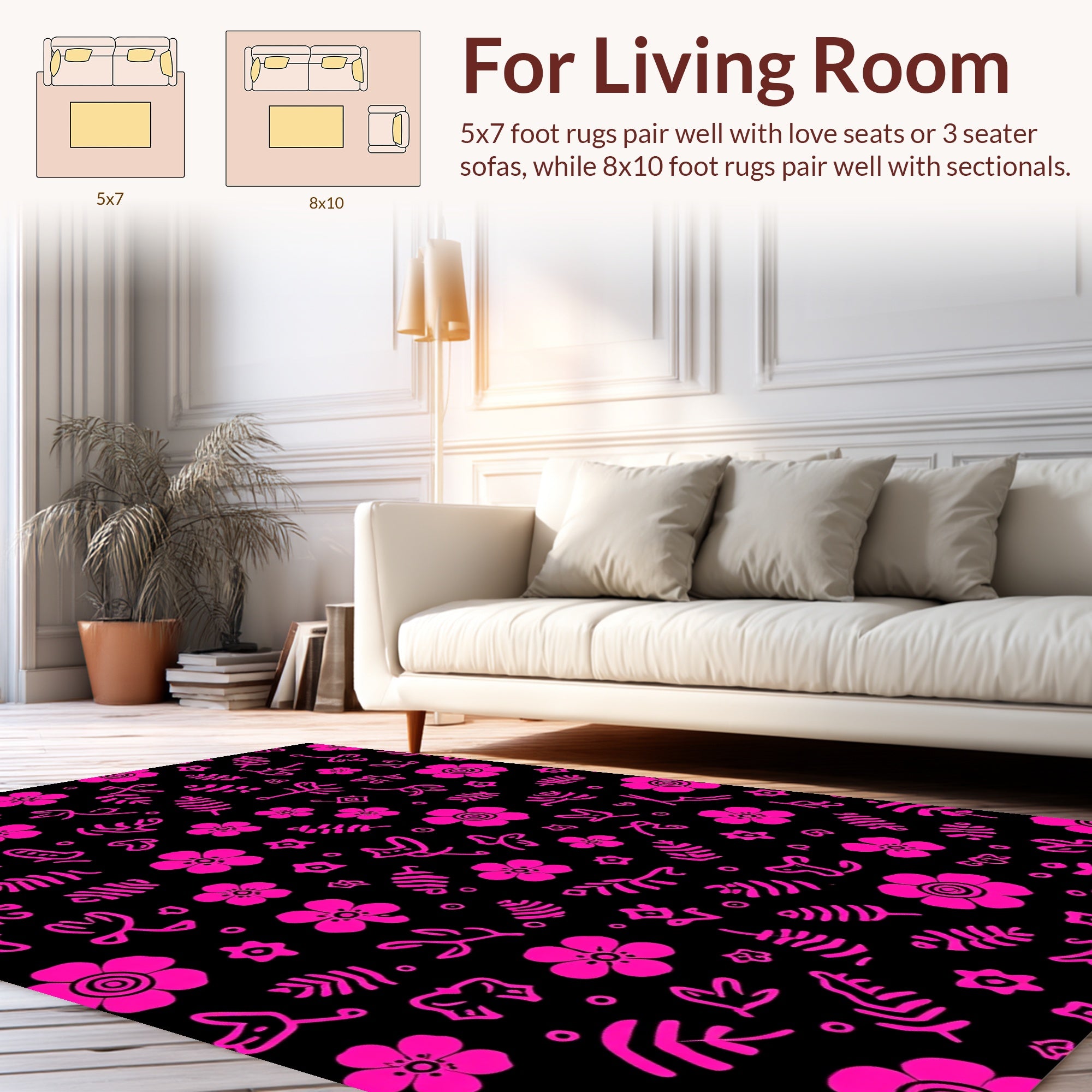 Pink Floral And Leafy Whimsical Pattern Rug