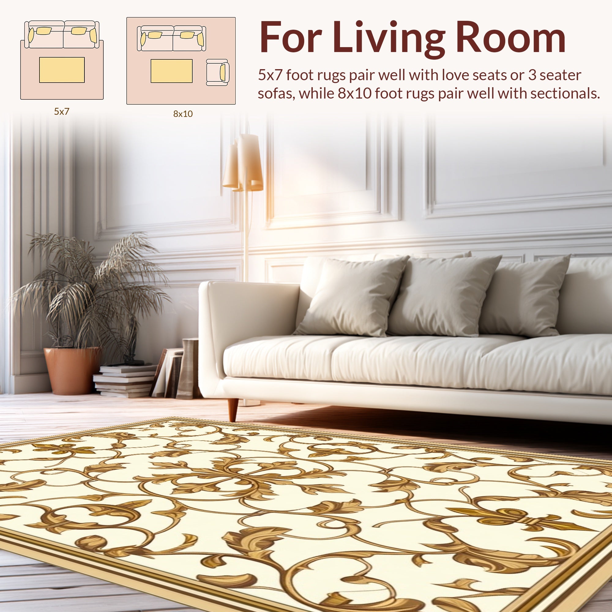 Golden Baroque Leaf Flourish Pattern Rug
