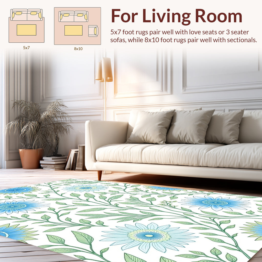 Blue Daisy and Leaf Pattern Rug
