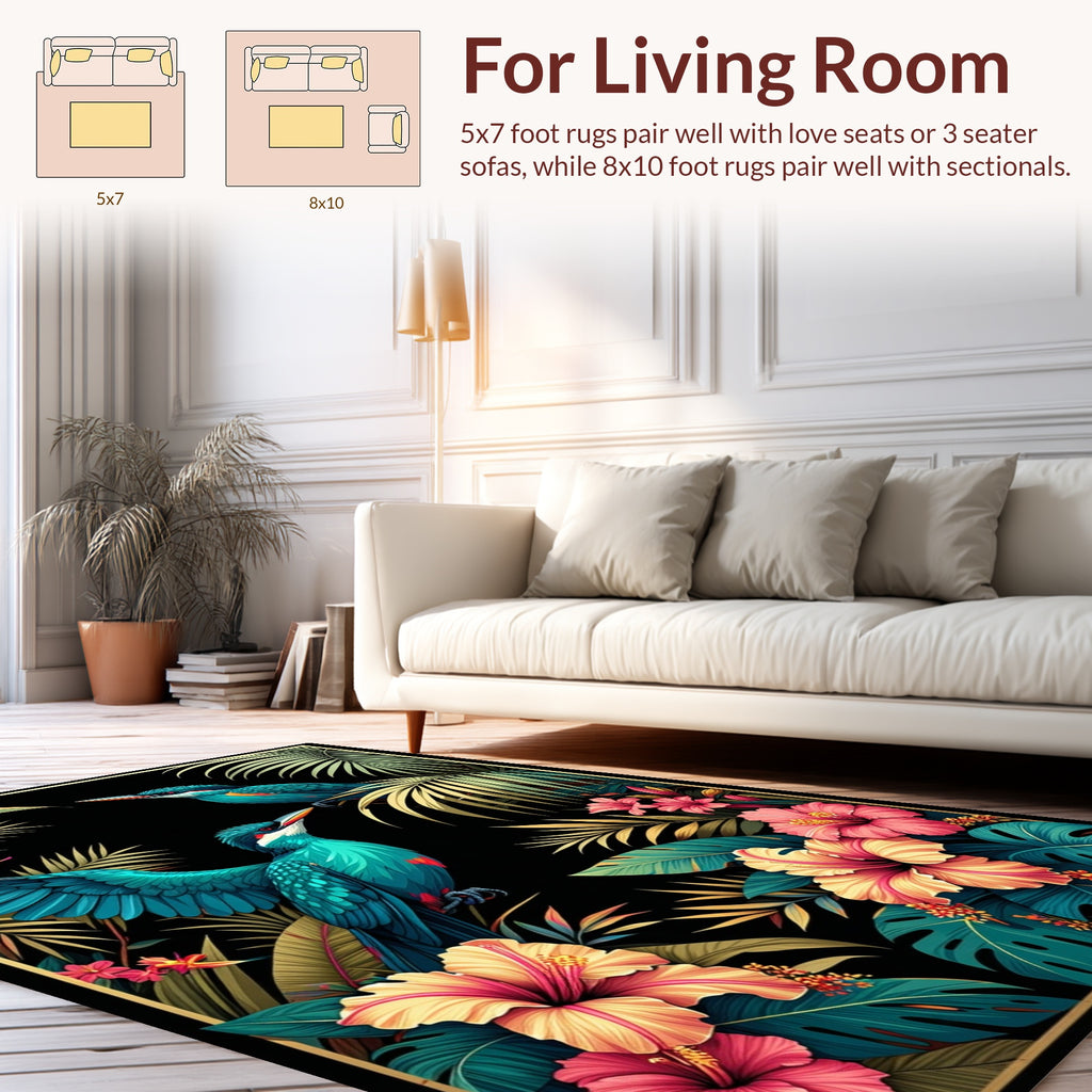 Lush Tropical Birds Hibiscus Floral Design Rug